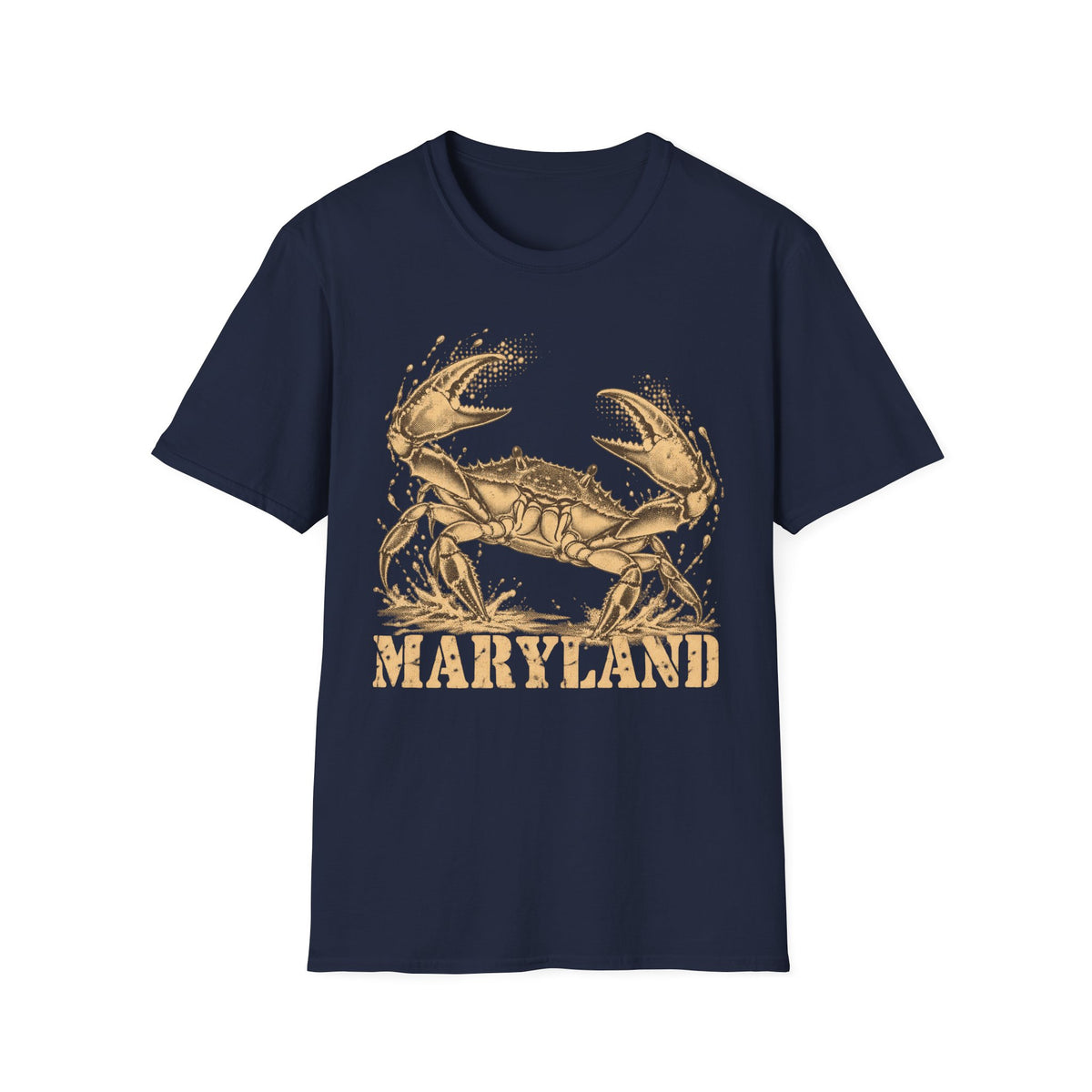Navy short-sleeve T-shirt with gold crab graphic and “Maryland” text