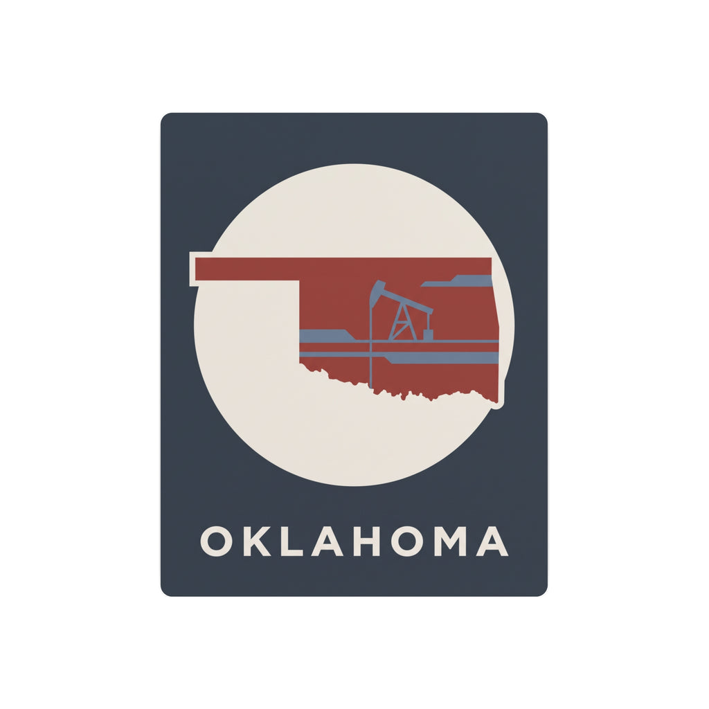 Oklahoma metal art sign with circular state silhouette, oil rig icon, and “OKLAHOMA” text