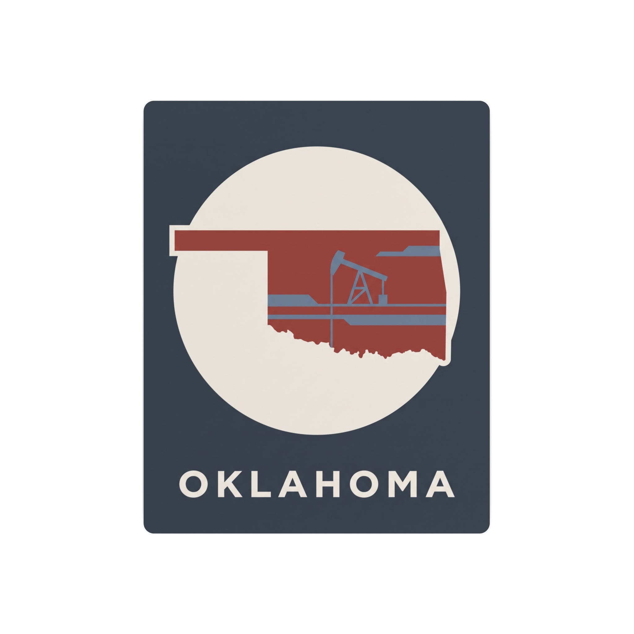 Oklahoma metal art sign with circular state silhouette, oil rig icon, and “OKLAHOMA” text