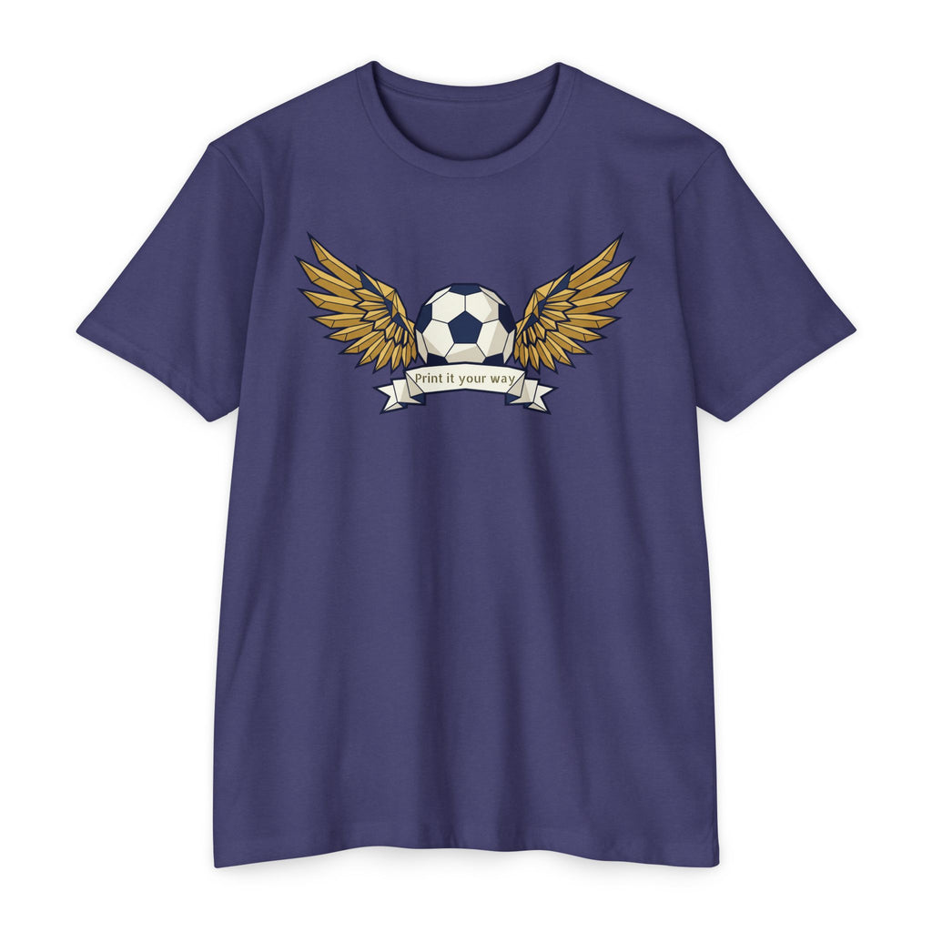 Purple unisex soccer T-shirt with winged soccer ball graphic on the chest