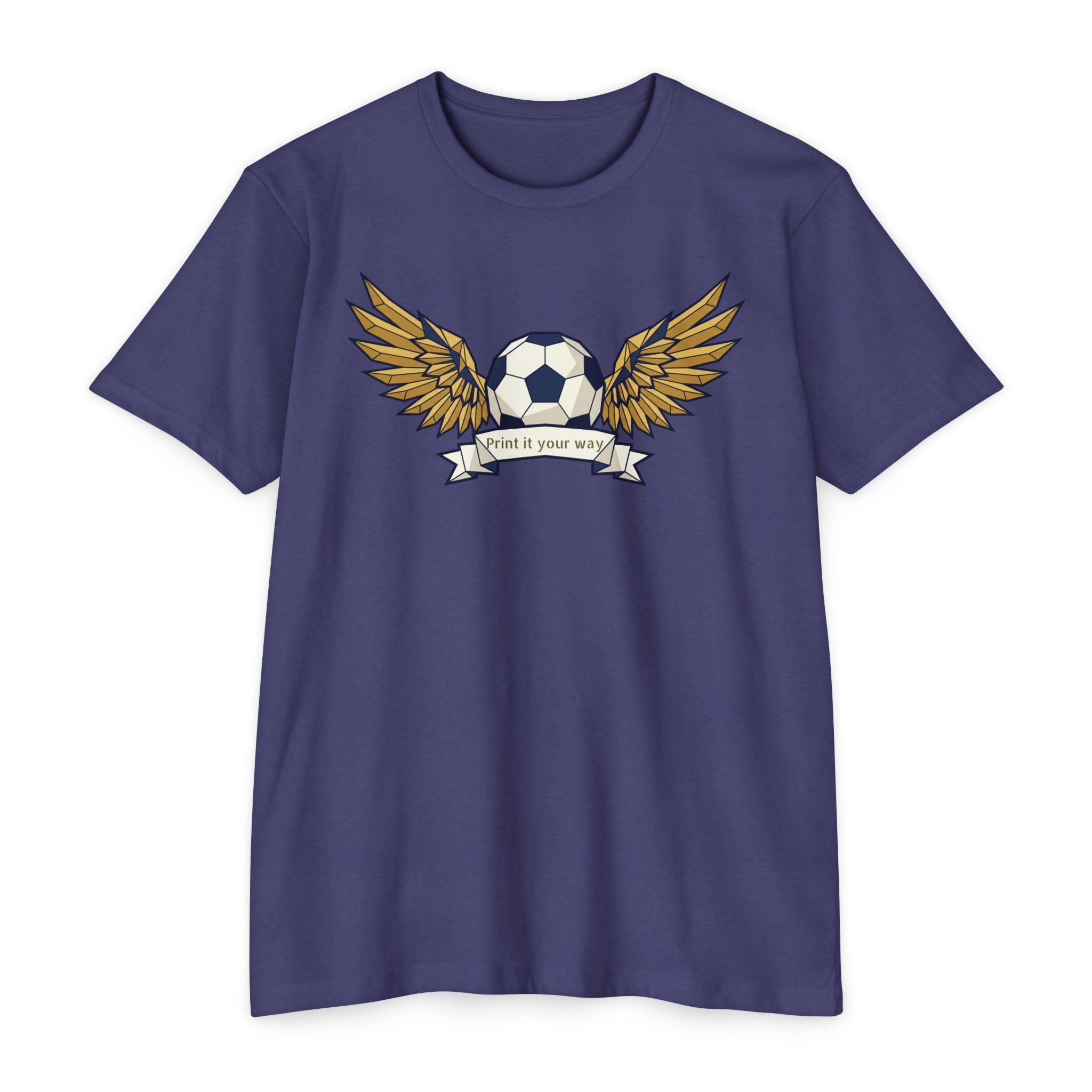 Purple unisex soccer T-shirt with winged soccer ball graphic on the chest