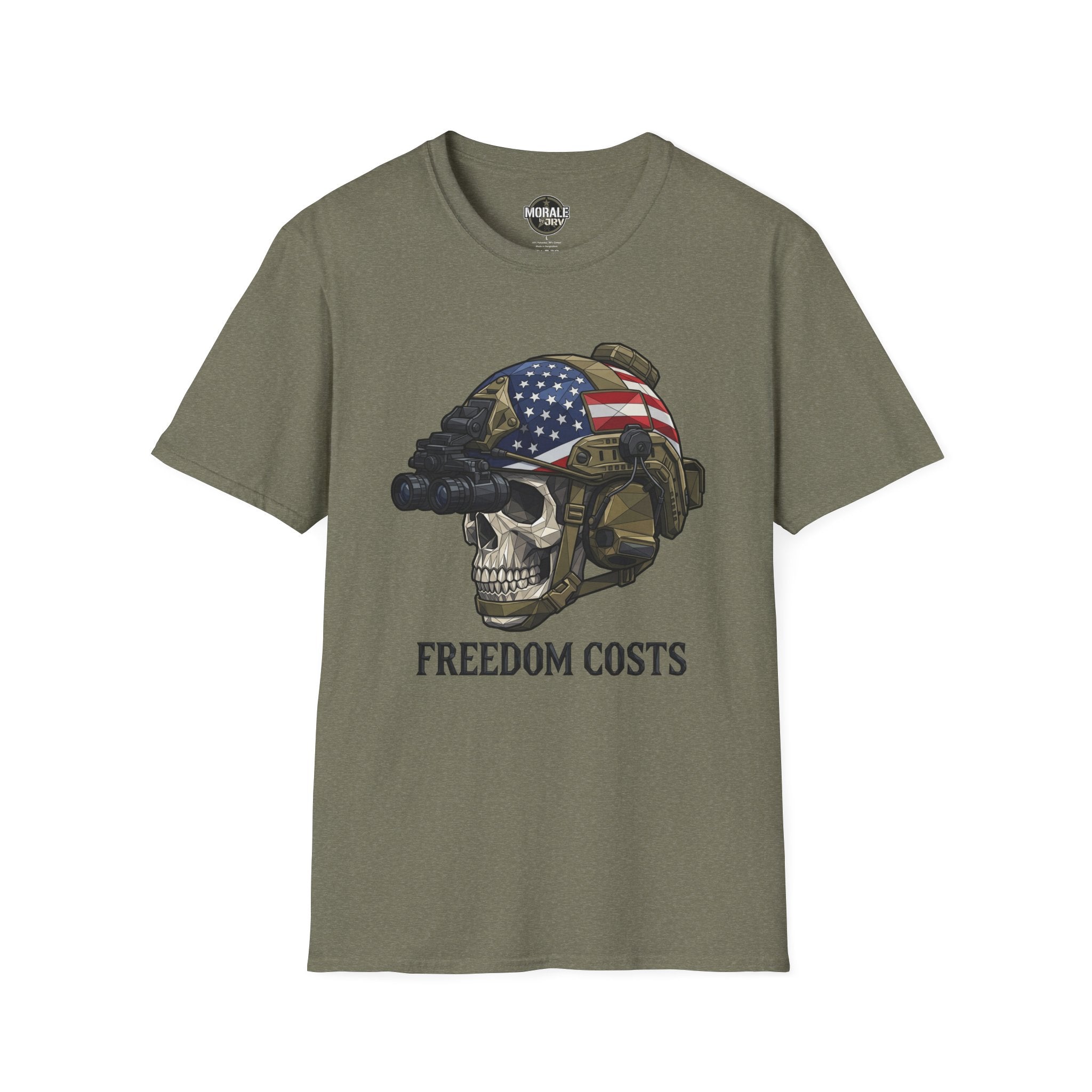 Military green tee: skull soldier helmet with U.S. flag graphic, "FREEDOM COSTS"