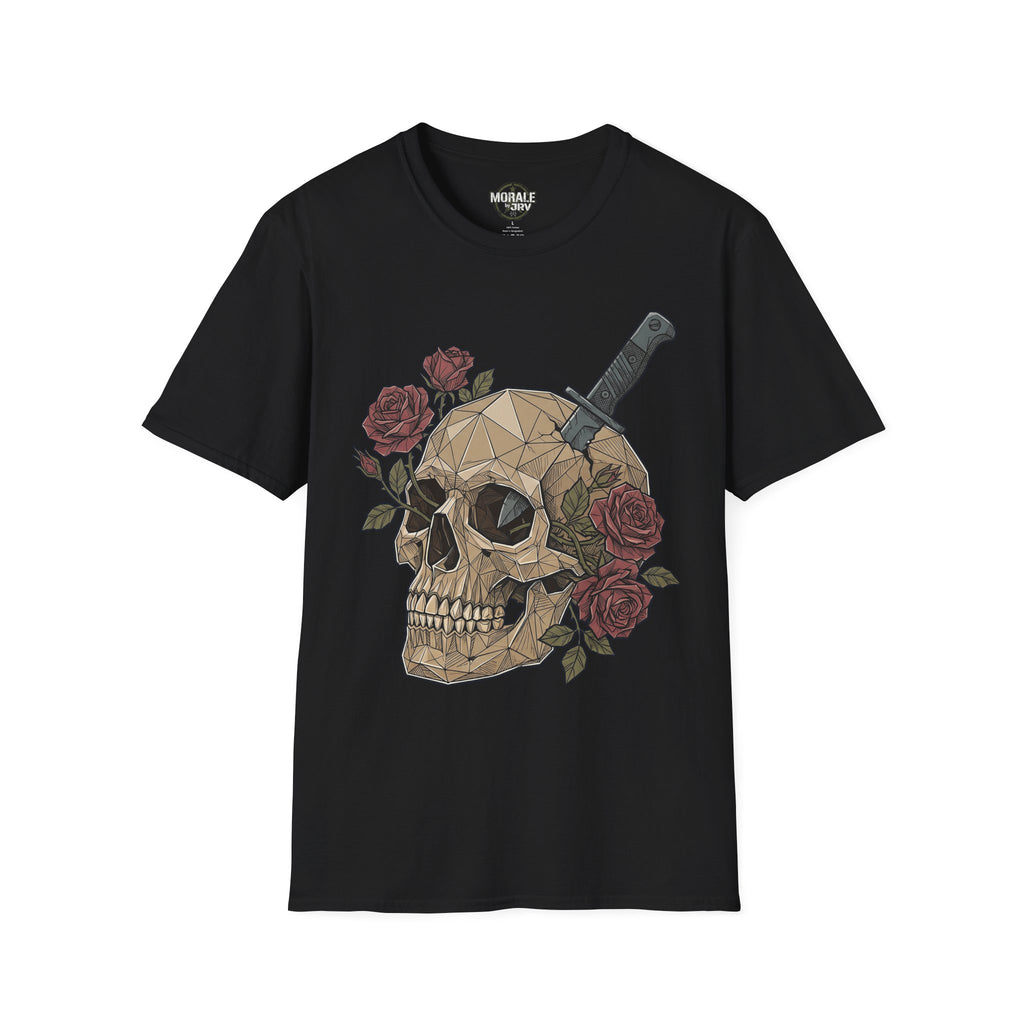 Black graphic T-shirt with geometric skull, dagger and red rose bouquet print