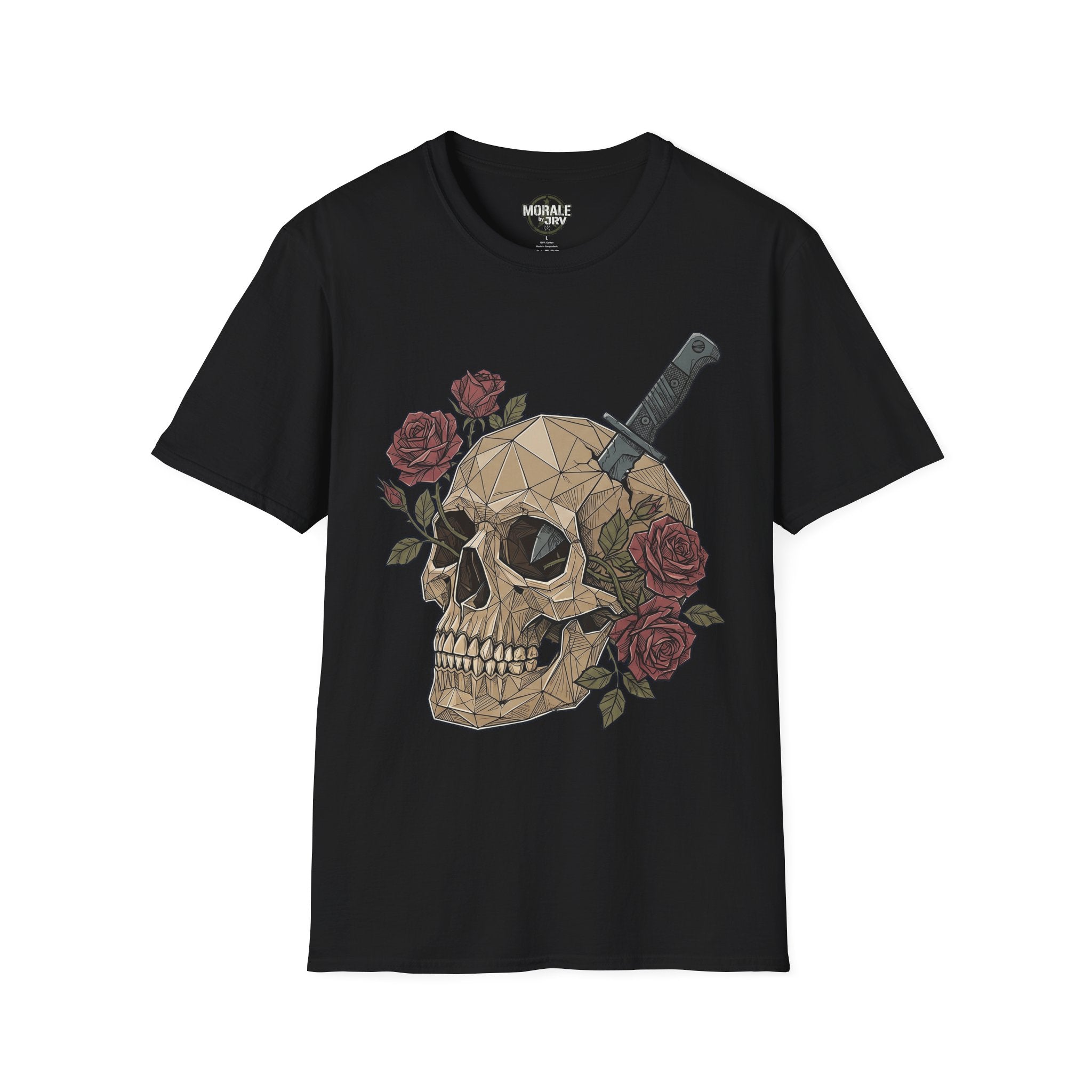 Black graphic T-shirt with geometric skull, dagger and red rose bouquet print
