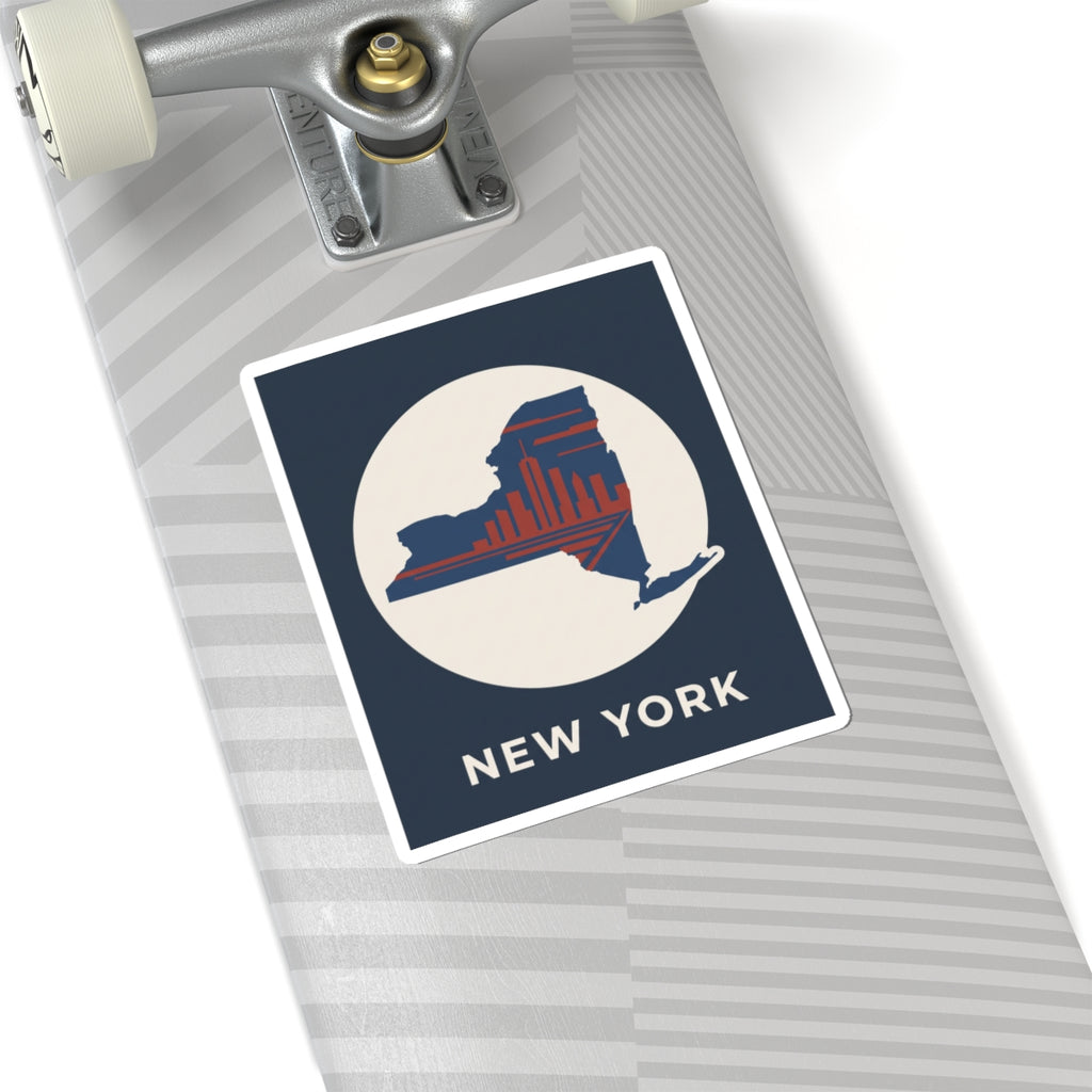 New York skyline sticker close-up: blue border, red skyline state silhouette, “NEW YORK”