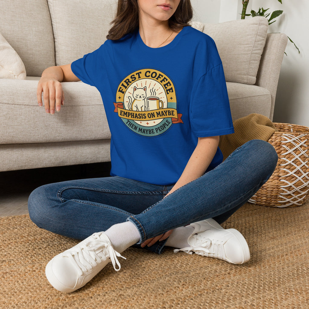Royal blue T-shirt with cat coffee emblem on chest, worn by model