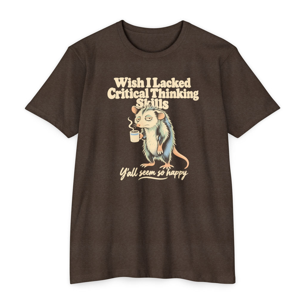 Dark brown t-shirt with cartoon opossum holding a coffee cup graphic and slogan