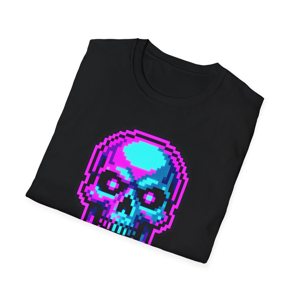 Black gamer T-shirt with colorful pixel skull graphic on the front