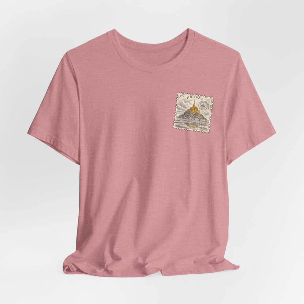 Dusty pink crewneck short-sleeve T-shirt with vintage postage stamp graphic on chest
