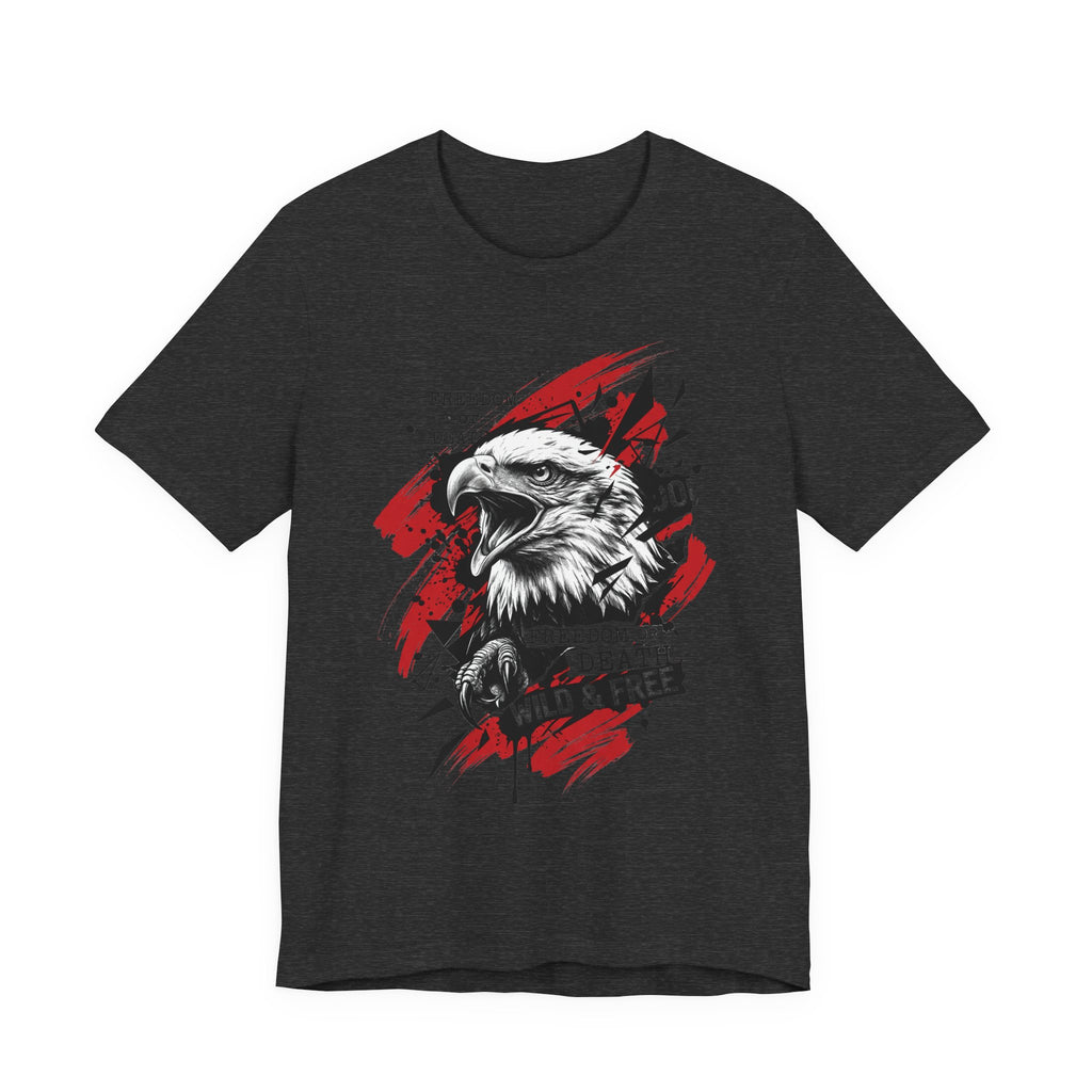 Black crewneck T-shirt with red and white bald eagle graphic