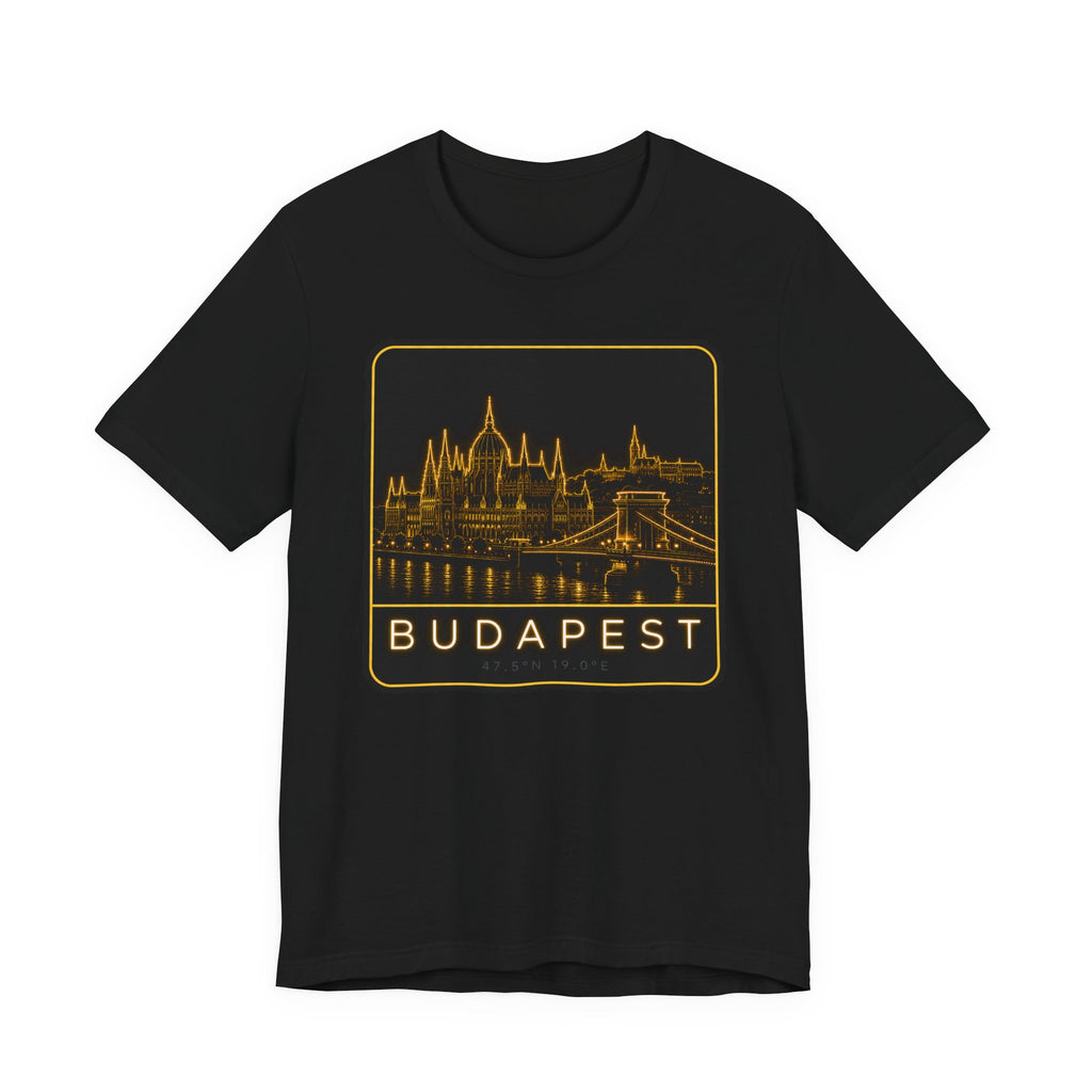 Black T-shirt with gold Budapest skyline graphic on the front