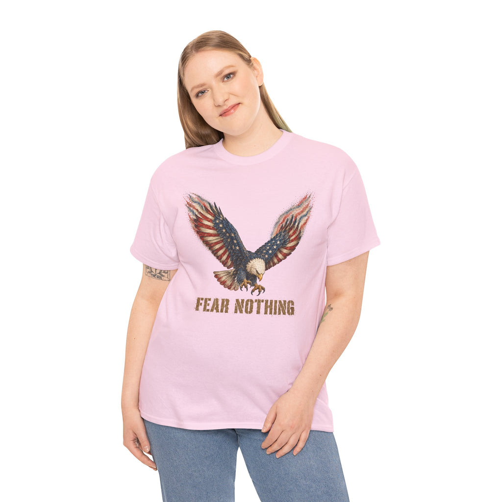 Light pink crew-neck T-shirt with eagle graphic and 'Fear Nothing' slogan