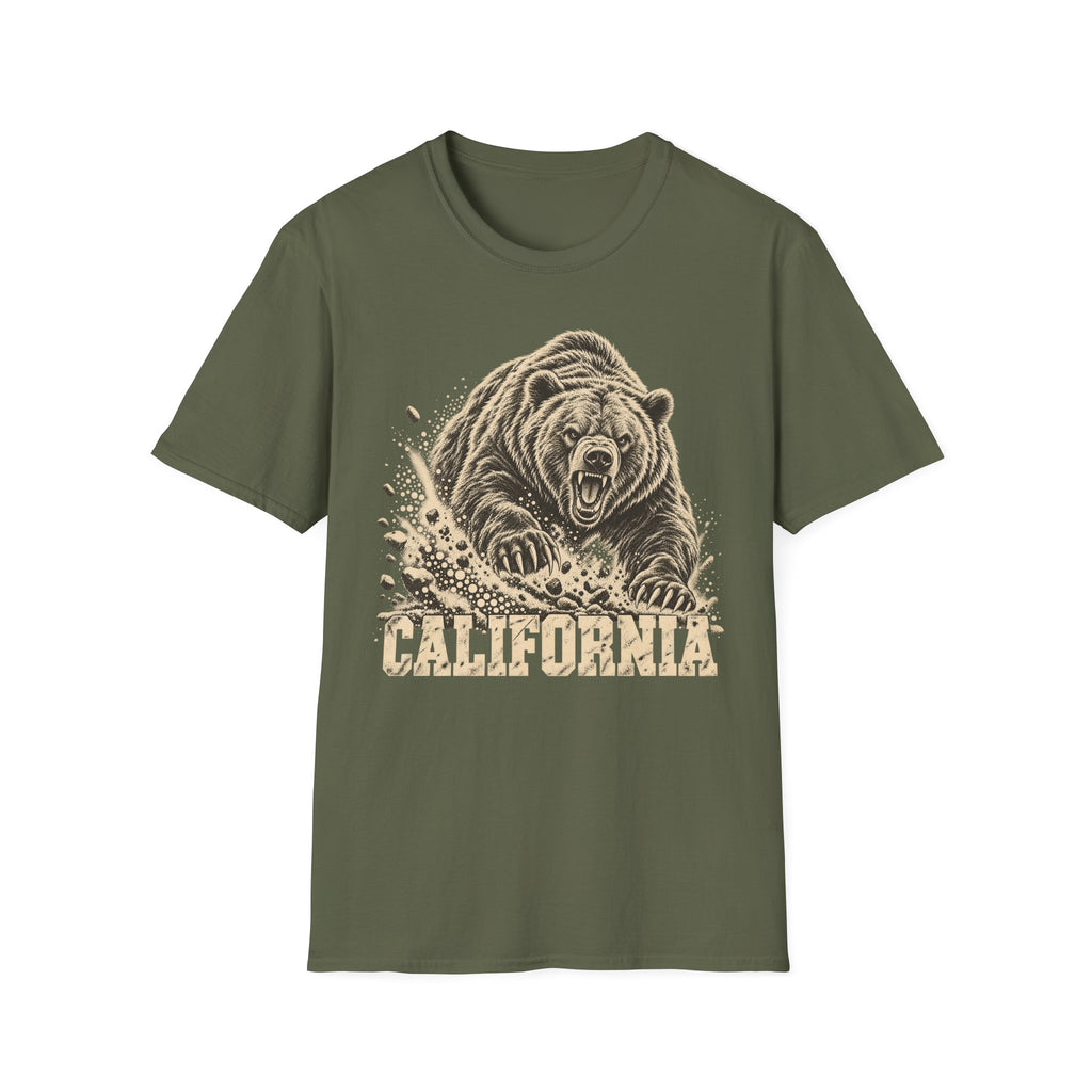 Military green bear graphic t-shirt with vintage California wordmark and roaring bear print