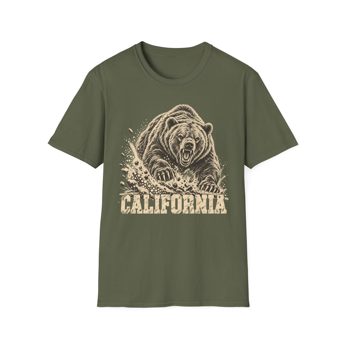 Military green bear graphic t-shirt with vintage California wordmark and roaring bear print