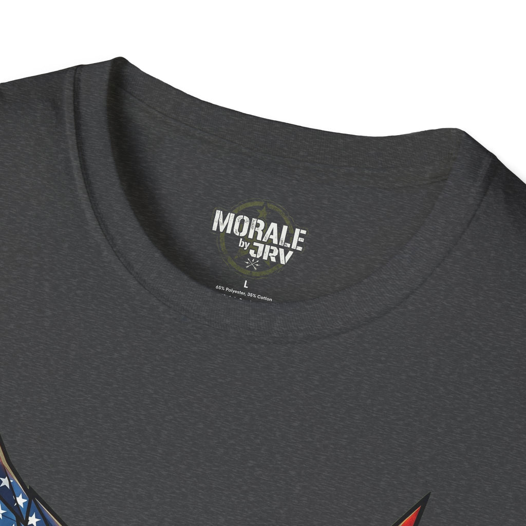 Dark Heather T-shirt inside collar label reading “MORALE by TRU”