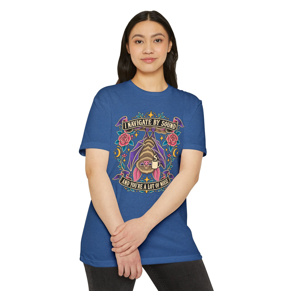 Navy crew-neck T-shirt with colorful bat floral sound graphic on the chest