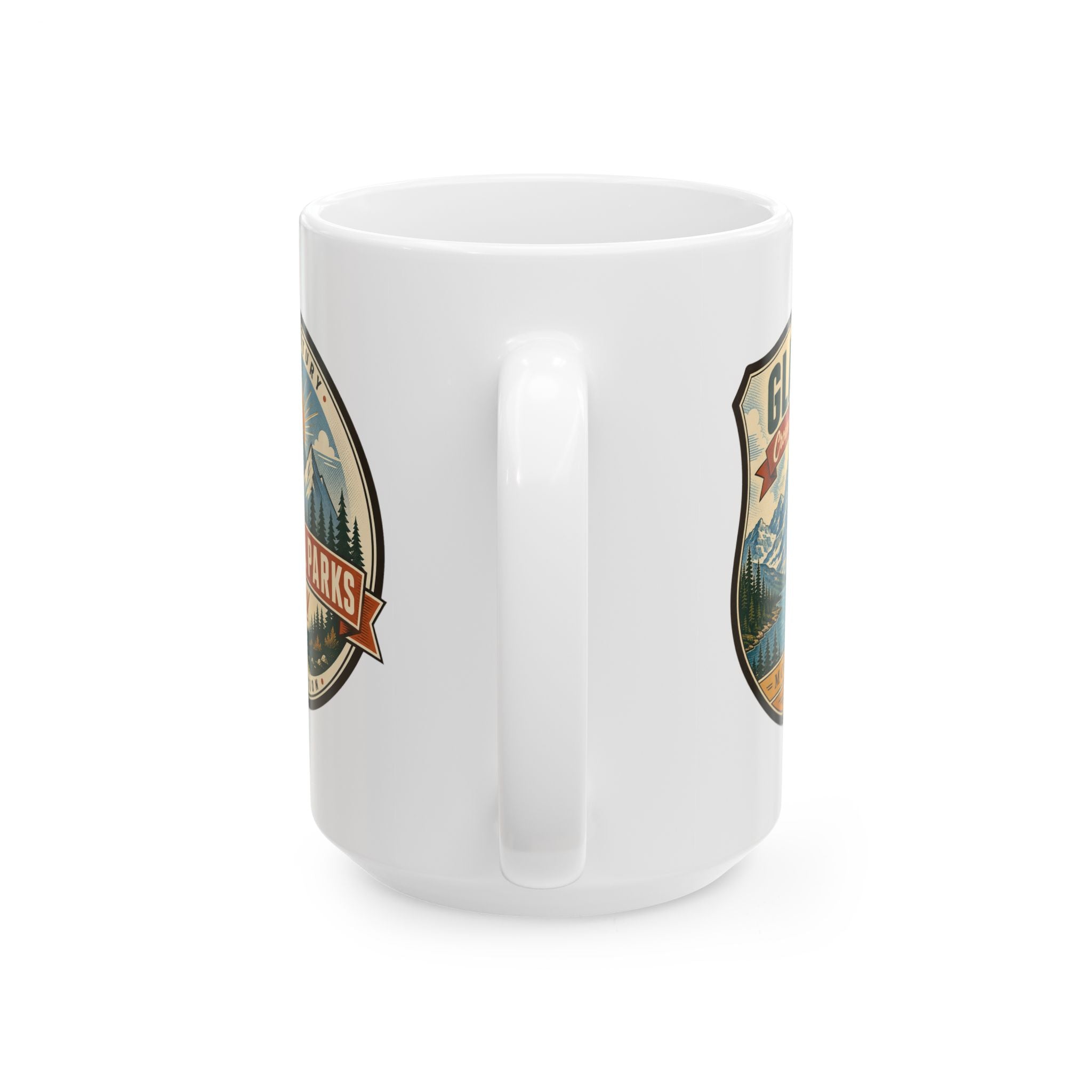 White ceramic mug with Glacier badge on side and contoured handle detail