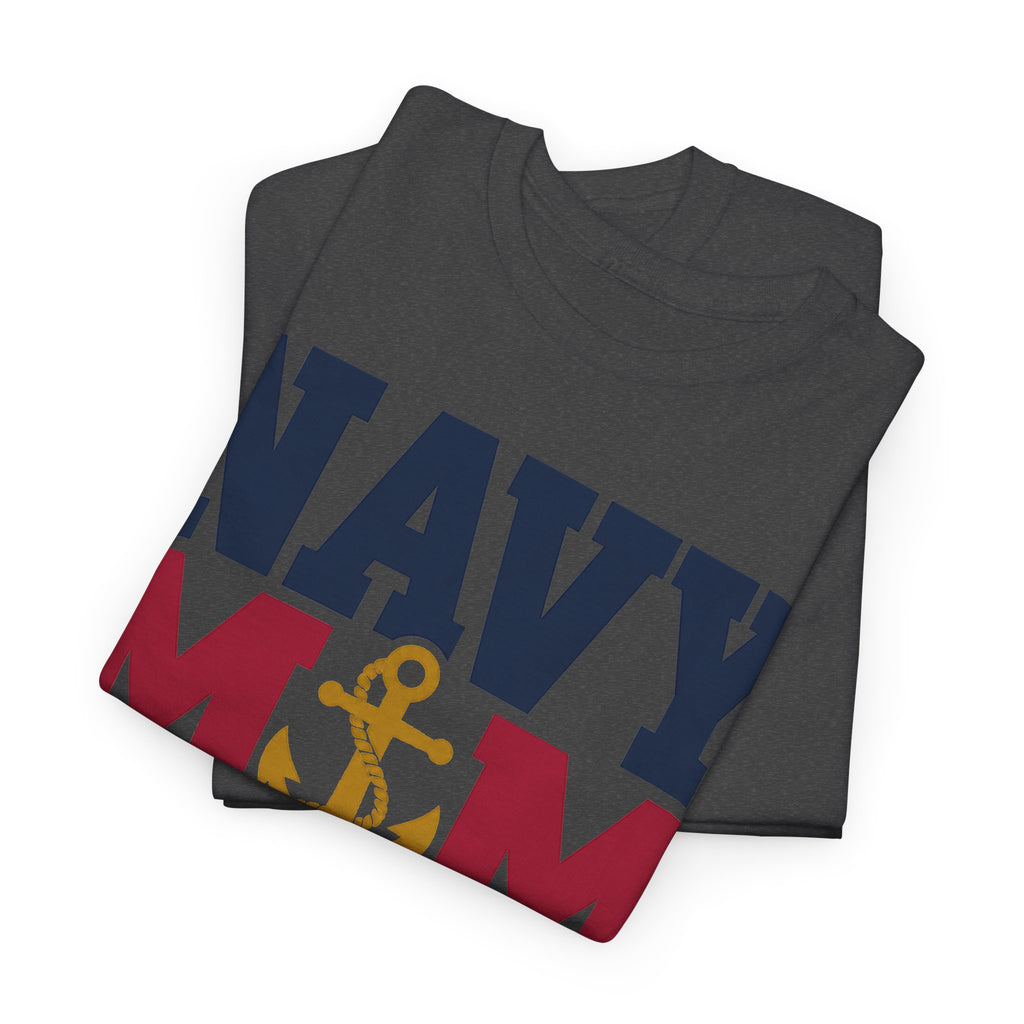 Dark gray T-shirt with large NAVY MOM patriotic anchor graphic