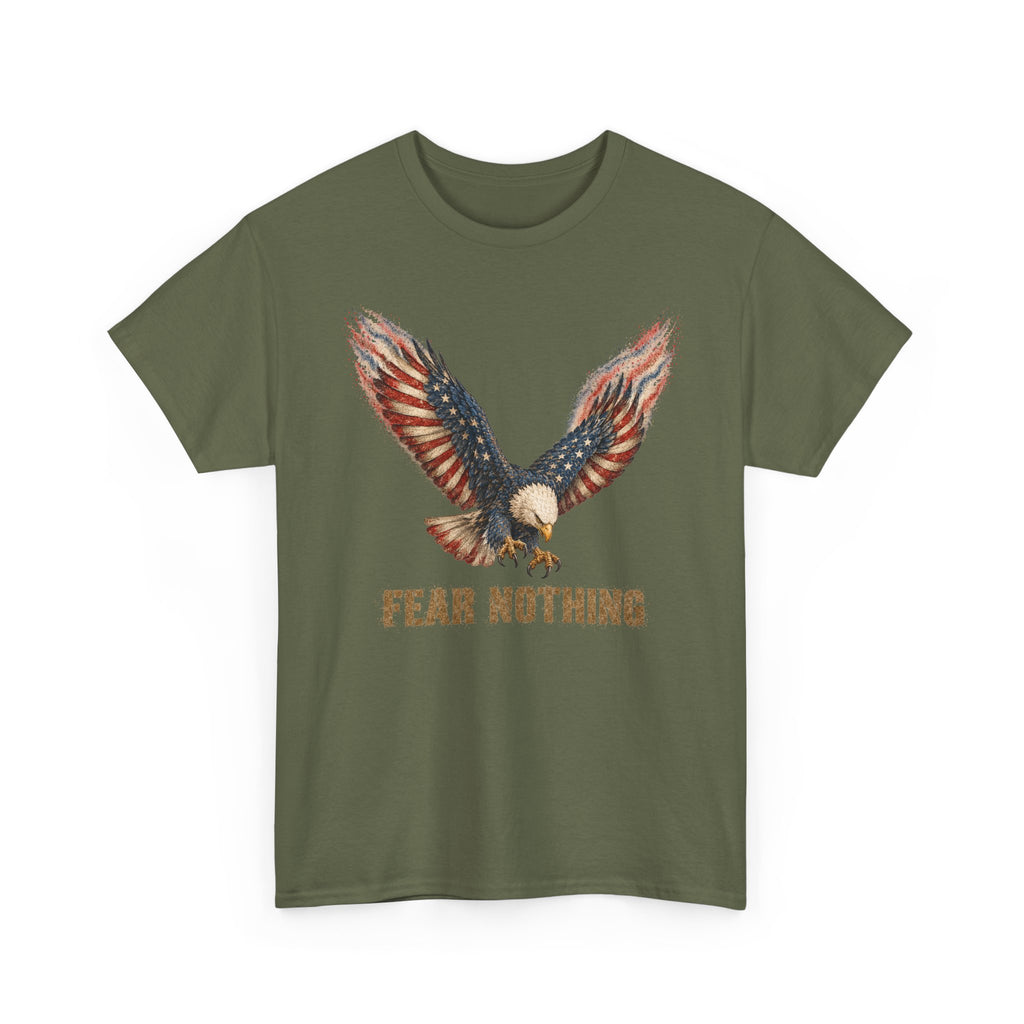 Olive green t-shirt with eagle graphic and “FEAR NOTHING” text on front