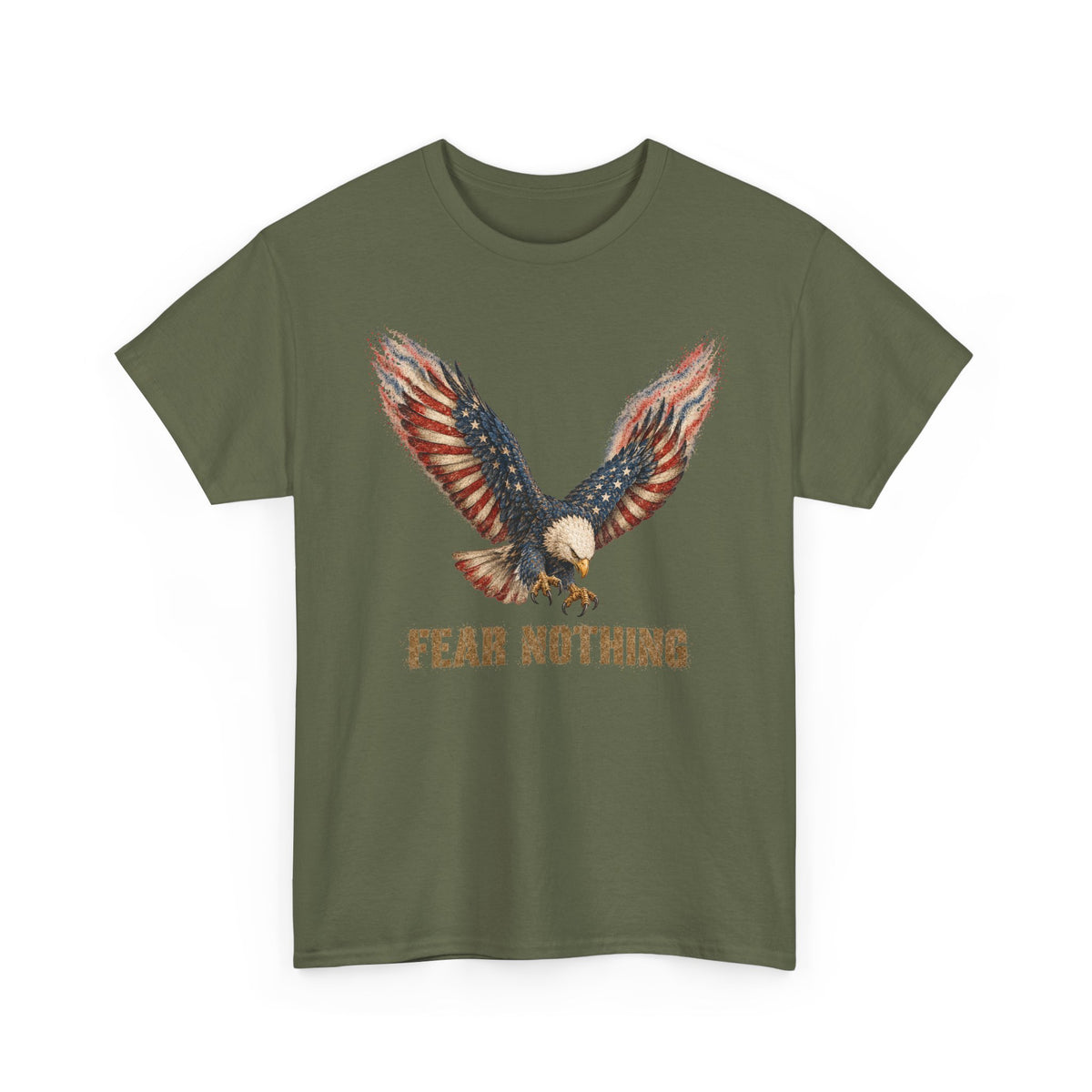 Olive green t-shirt with eagle graphic and “FEAR NOTHING” text on front