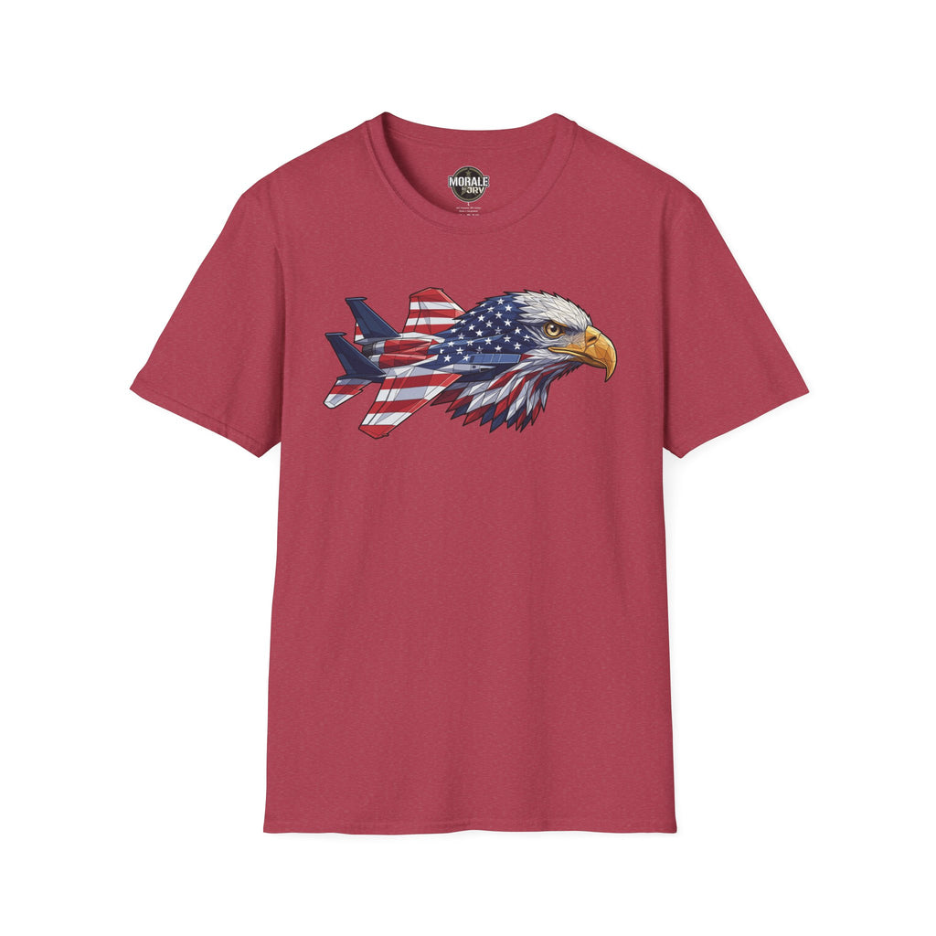 Patriotic eagle graphic T-shirt (burgundy) with plane and American flag design