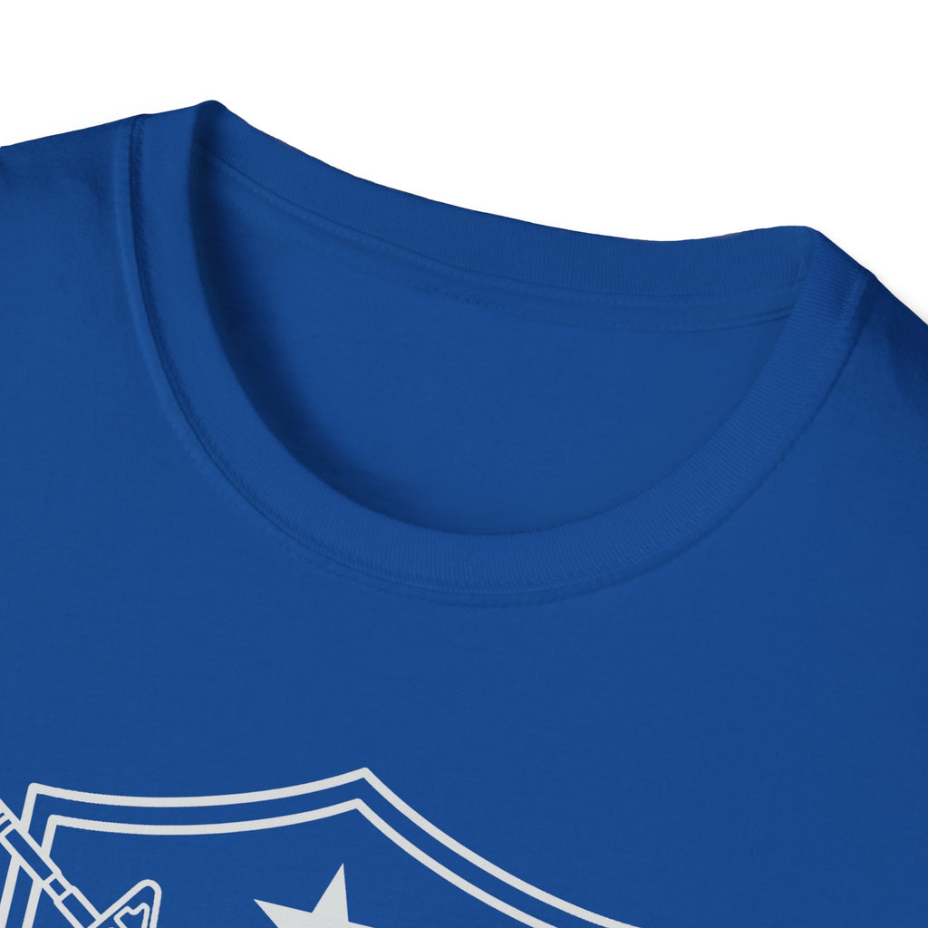 Graphic T-shirt neckline in royal blue with partial front design at bottom edge.