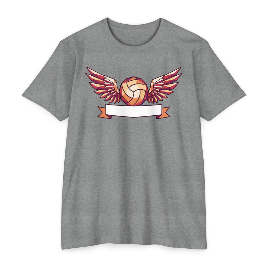 Heather gray volleyball T-shirt with winged ball graphic and banner ribbon design