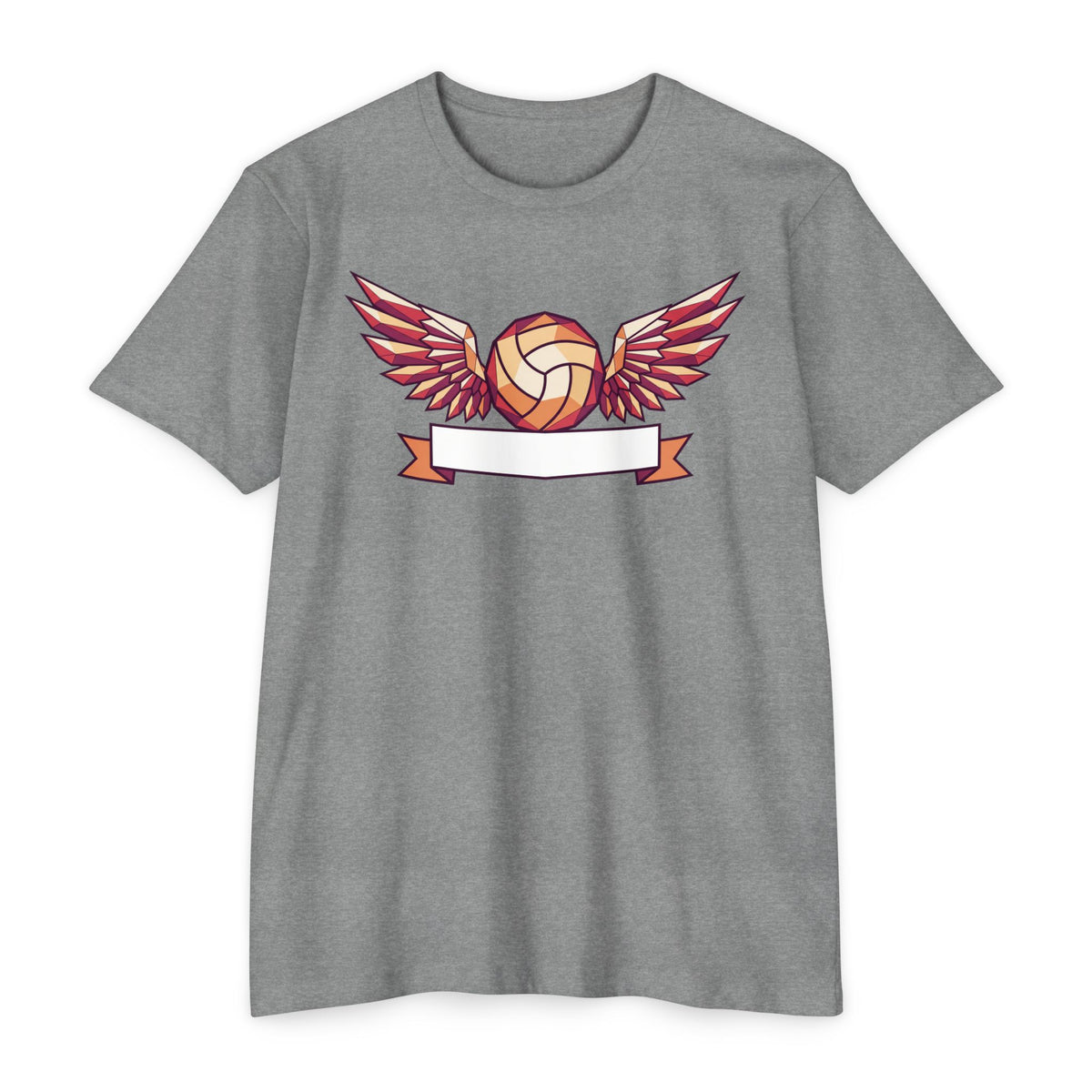 Heather gray volleyball T-shirt with winged ball graphic and banner ribbon design