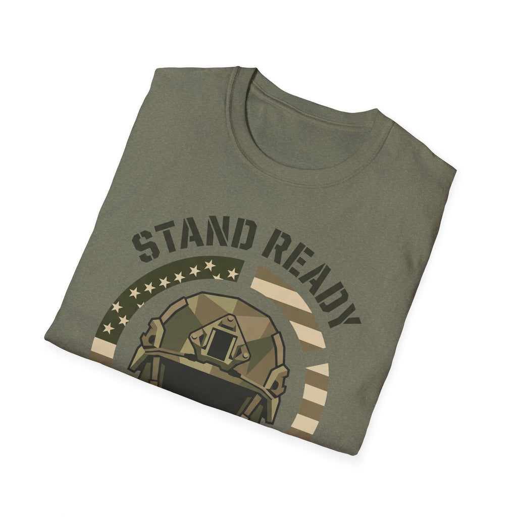 Military green crew-neck T-shirt with “STAND READY” helmet graphic on front