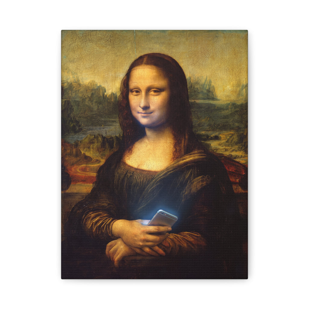 Matte canvas wall art of Mona Lisa holding a glowing smartphone, dark brown hair