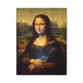 Matte canvas wall art of Mona Lisa holding a glowing smartphone, dark brown hair