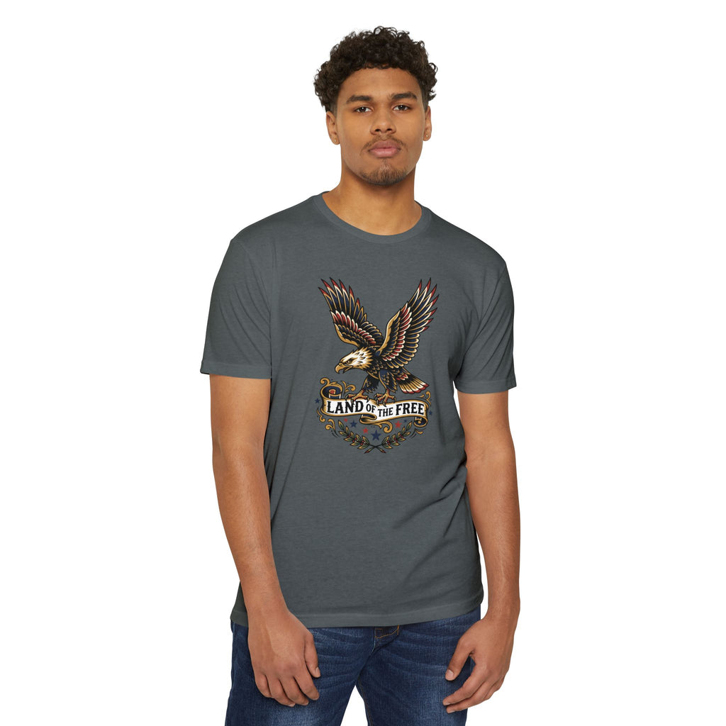 Gray crewneck t-shirt with eagle emblem graphic on chest