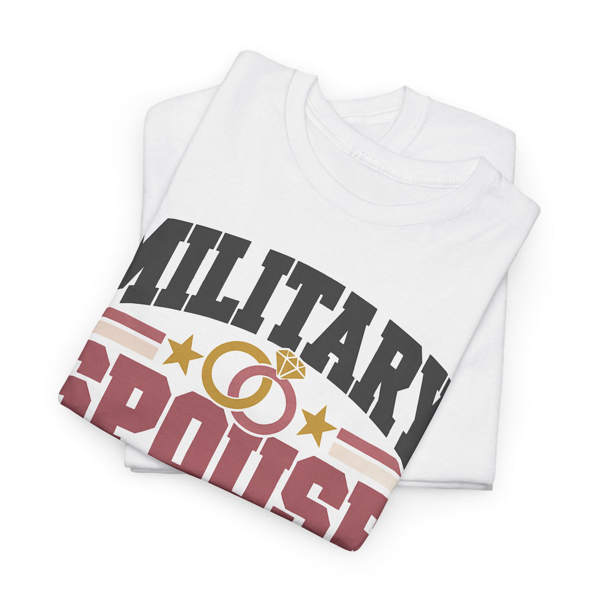 White crew-neck graphic T-shirt with retro patriotic text and star accents