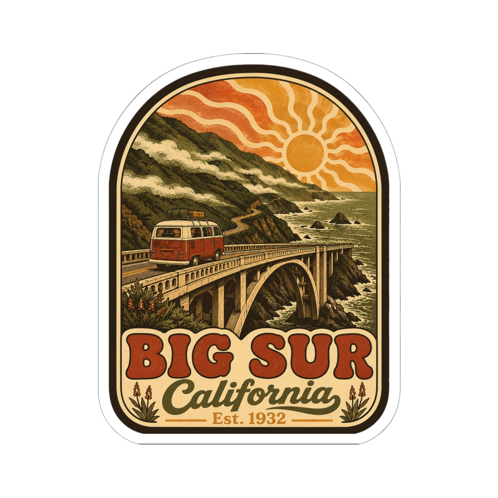 Kiss-cut Big Sur California sticker with vintage camper van, coastal bridge, sun, and “Est. 1932”.