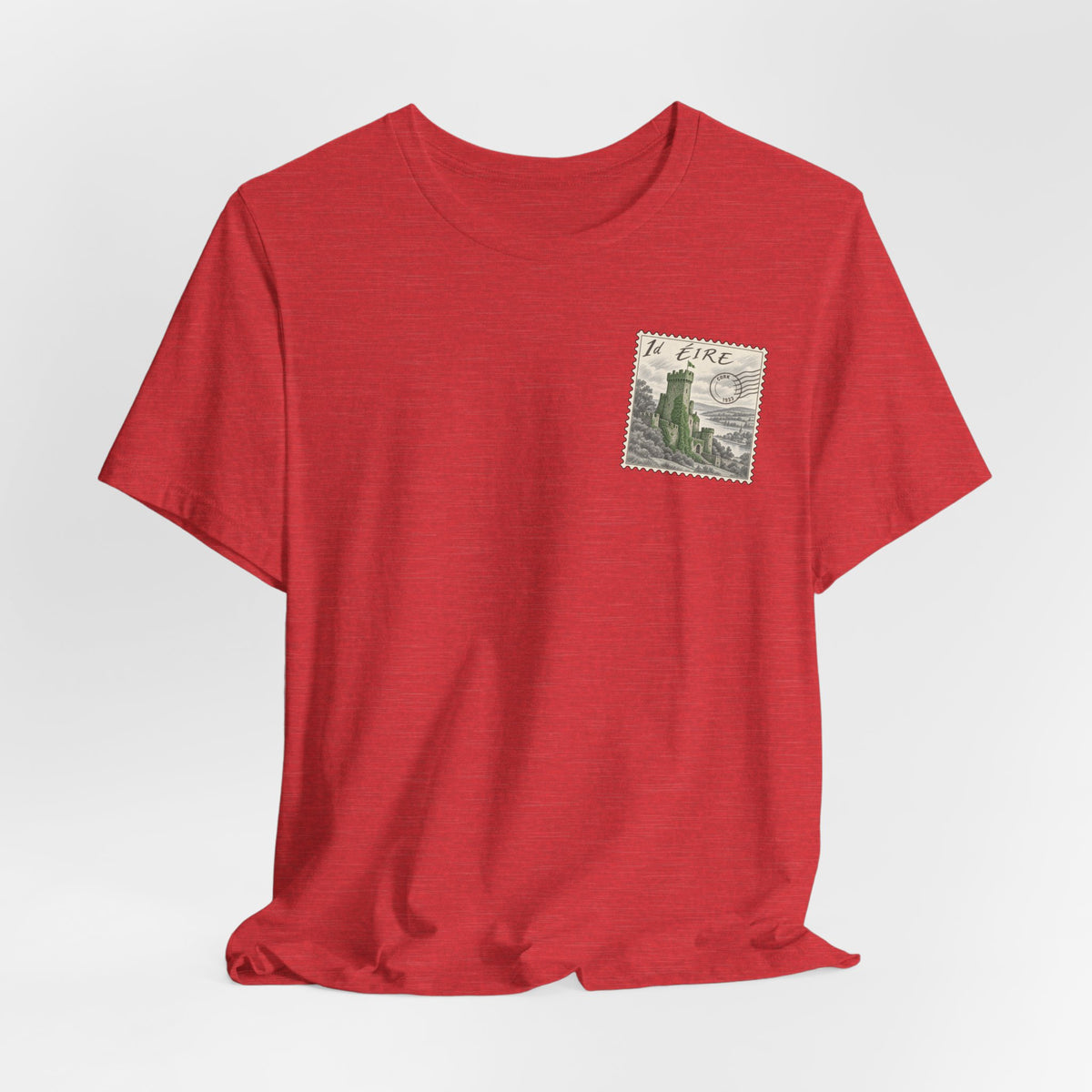 Red short-sleeve t-shirt featuring a vintage postage stamp-style chest graphic