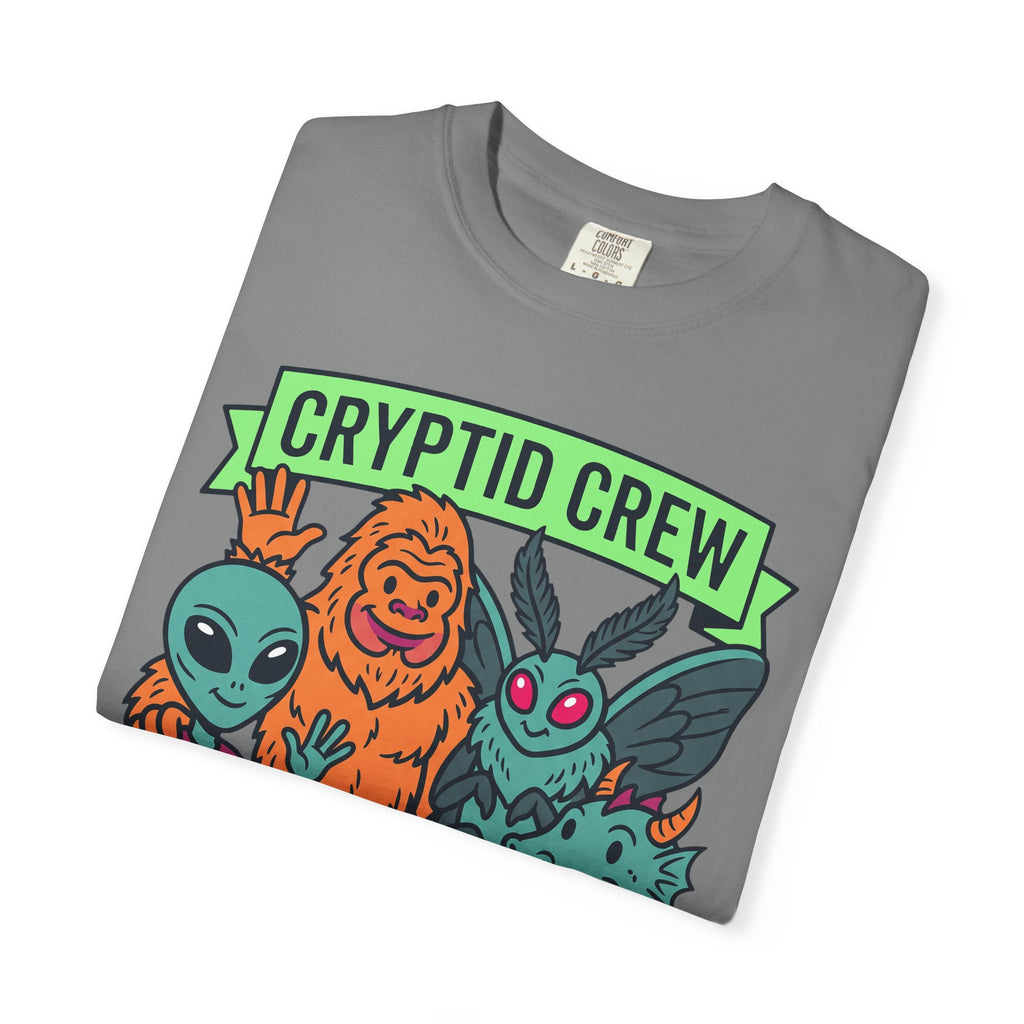 Dark gray crew-neck T-shirt with “Cryptid Crew” graphic of four alien cryptids