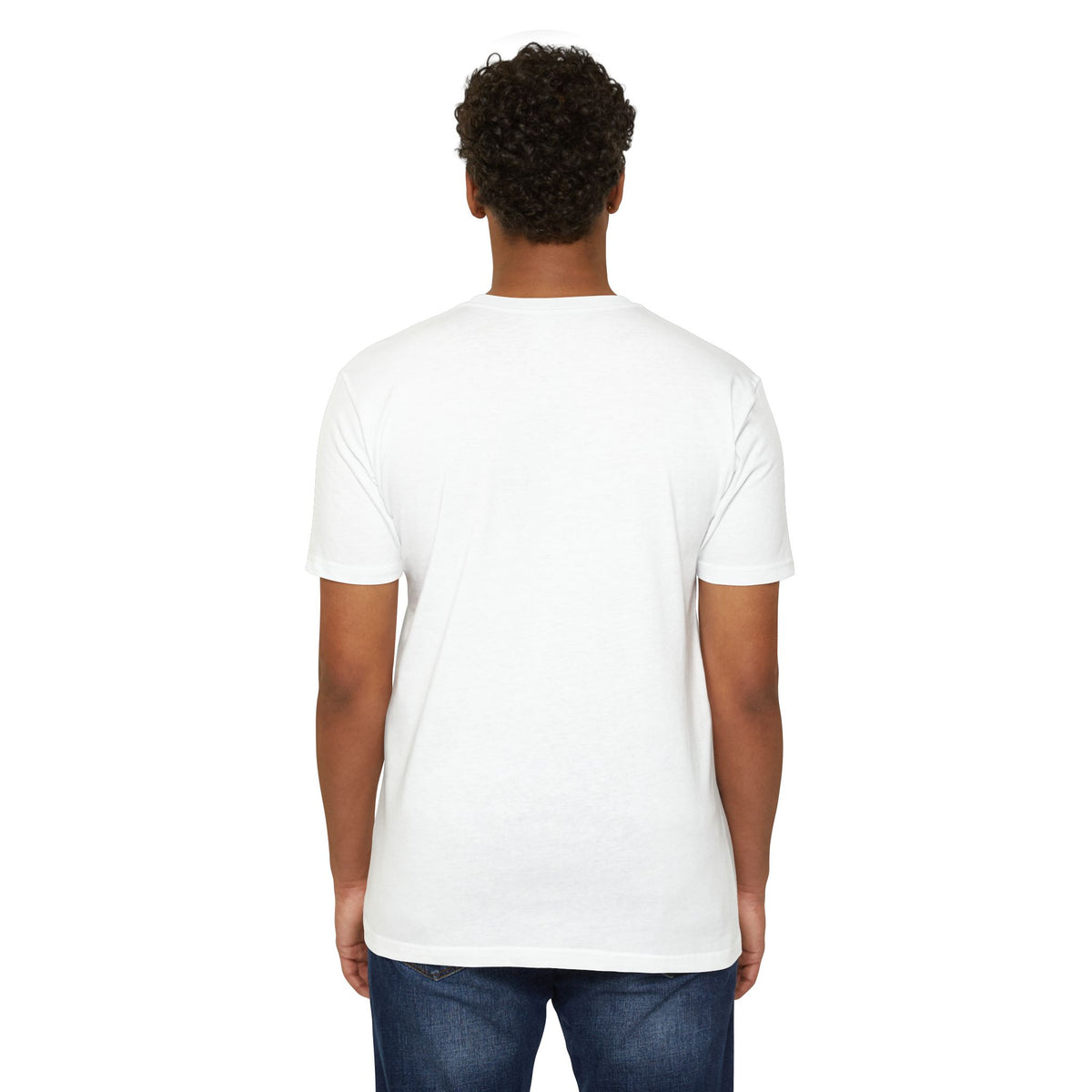 White crewneck T-shirt, back view, short sleeves