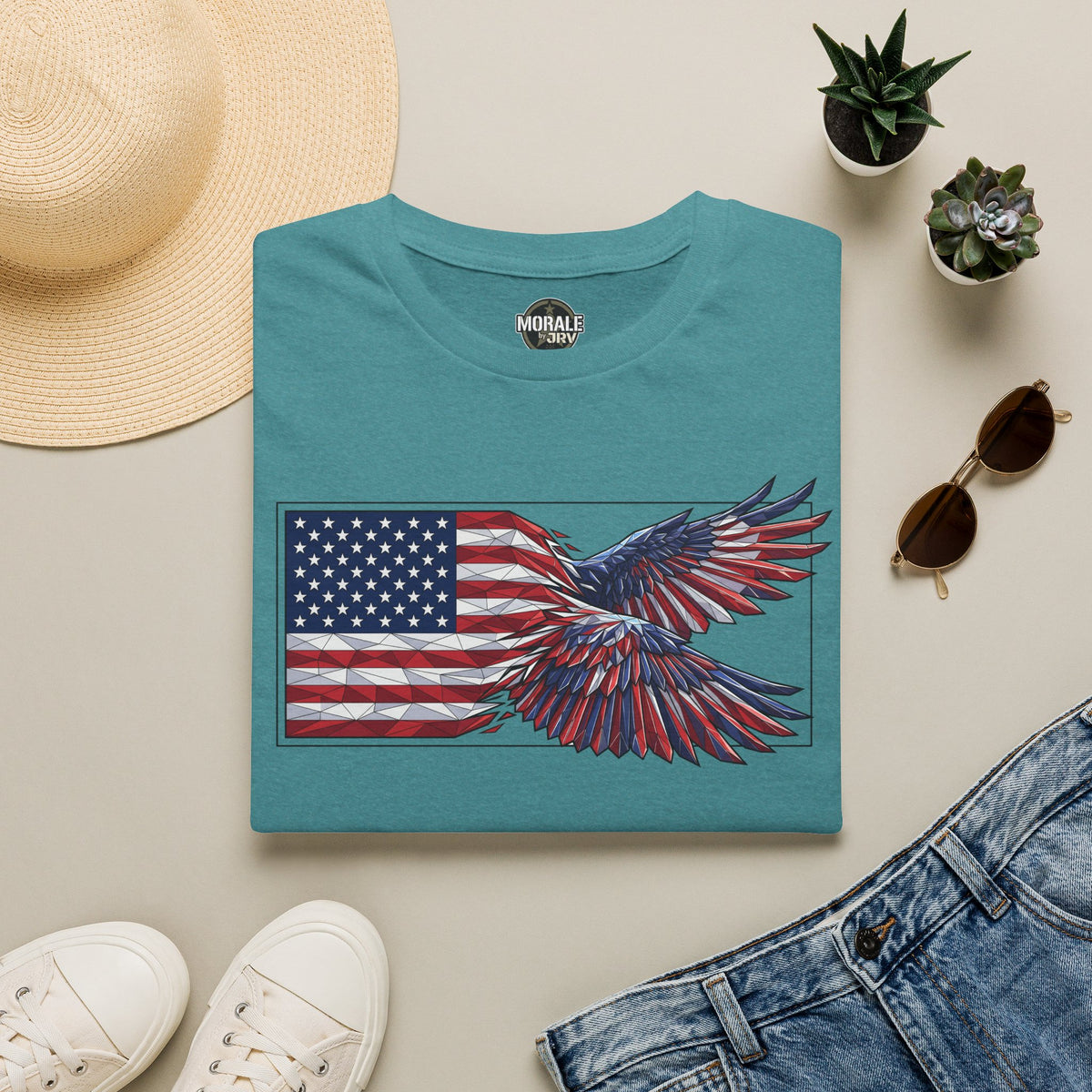 Teal crewneck T-shirt with American flag eagle graphic on the chest