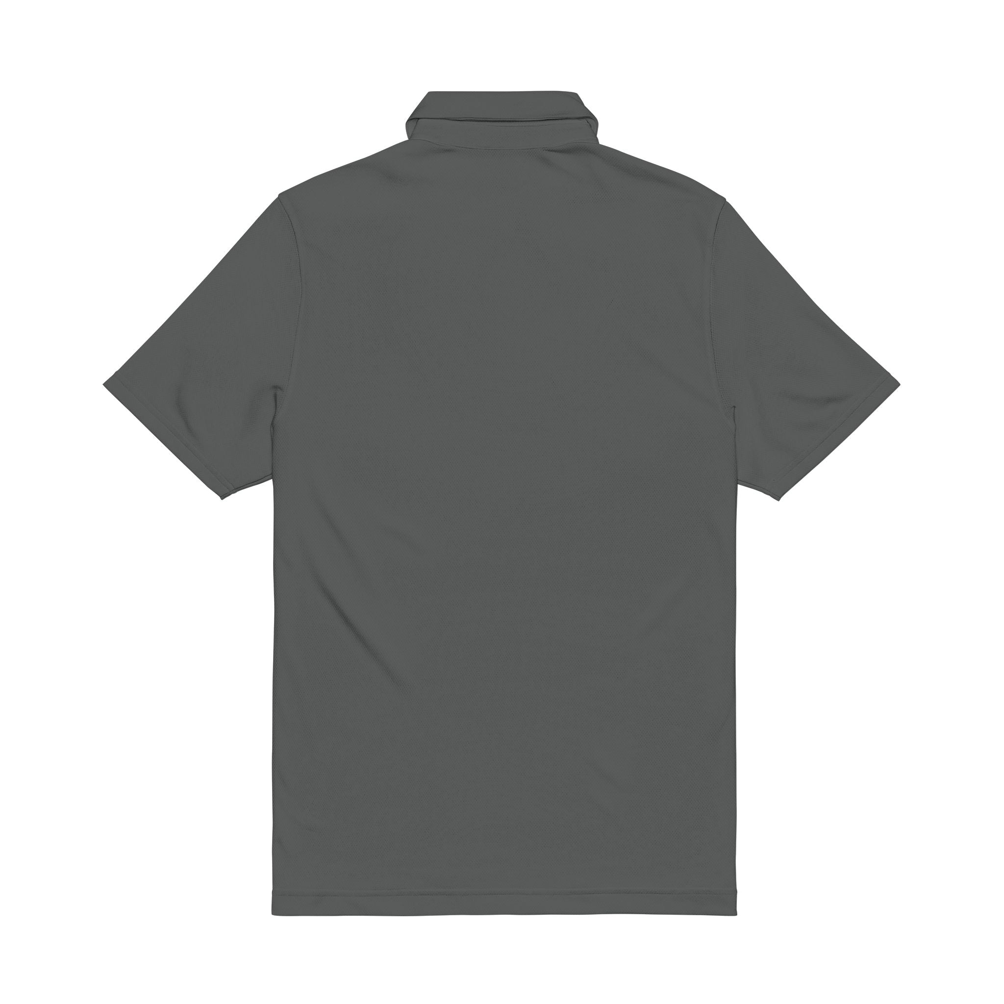 Grey men’s performance polo shirt, back view with short sleeves and collar