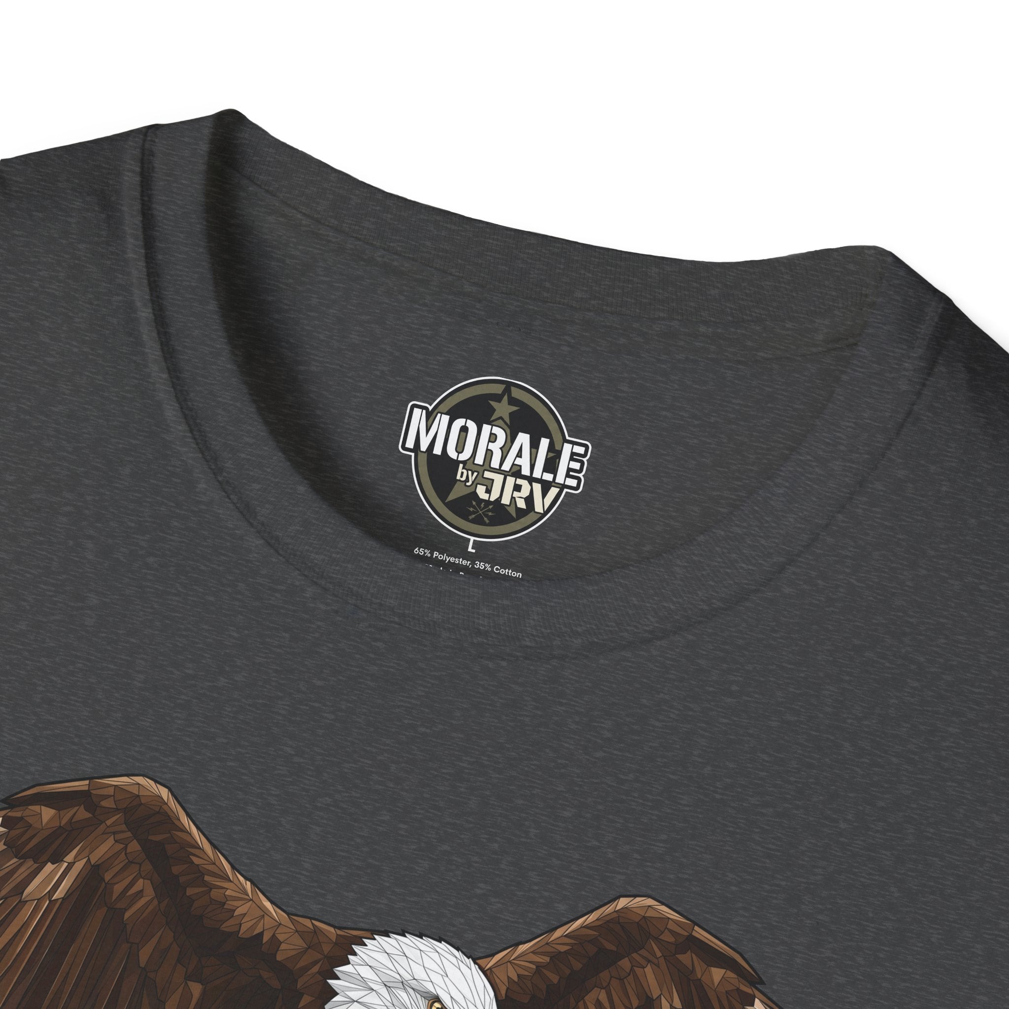 Dark Heather crew-neck T-shirt with chest logo above partial eagle-tank art