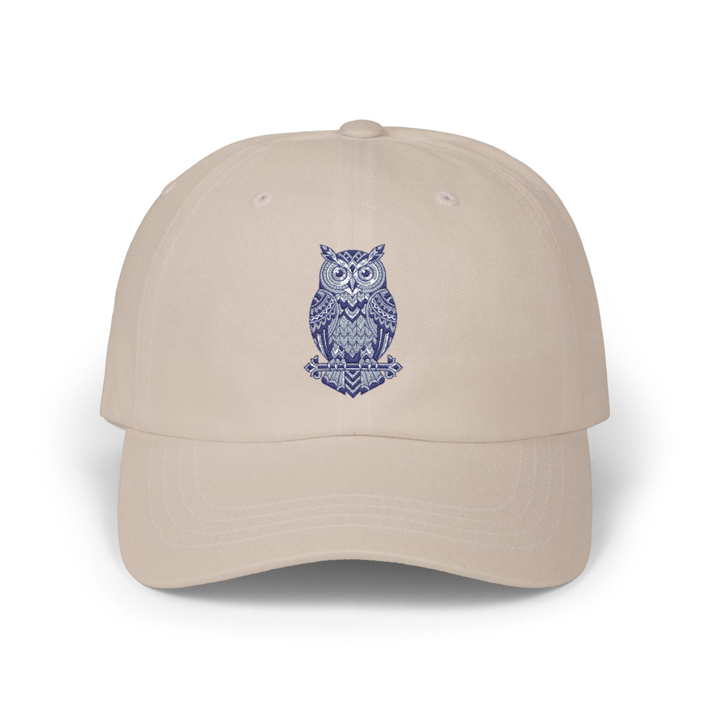 Khaki owl-embroidered dad cap with curved brim and stitched crown vents