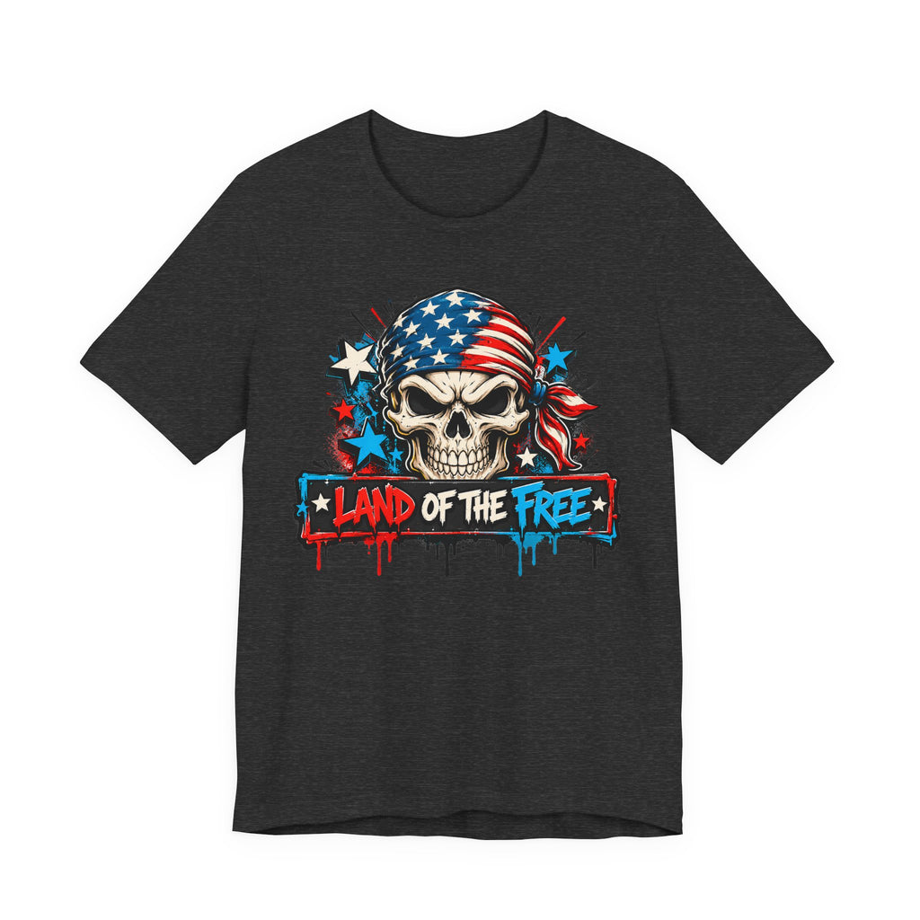 Dark grey skull patriotic T-shirt with American flag graphic on center chest