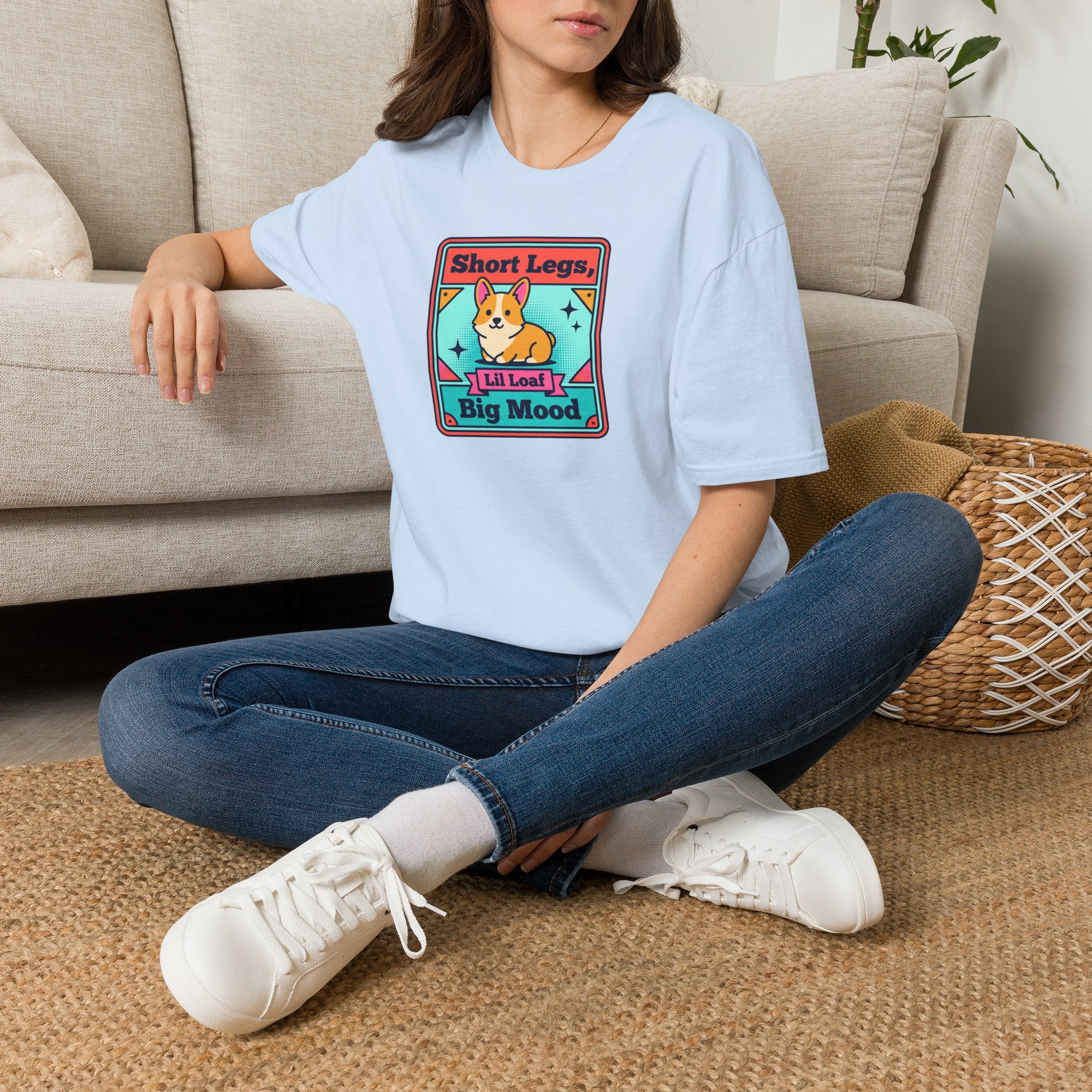 Light blue crewneck T-shirt with framed corgi graphic on chest