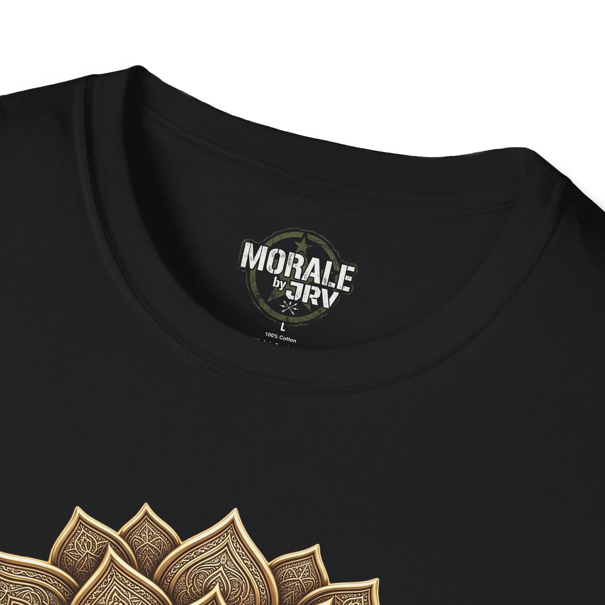 Black T-Shirt crew neck close-up with small brand label