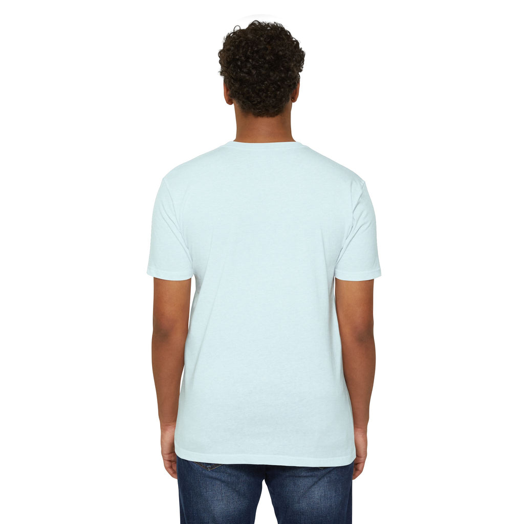 Light blue crewneck T-shirt with short sleeves, plain back view.