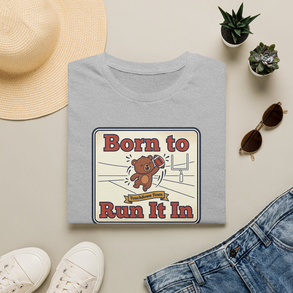 Light gray crewneck T-shirt with “Born to Run It In” sports bear graphic