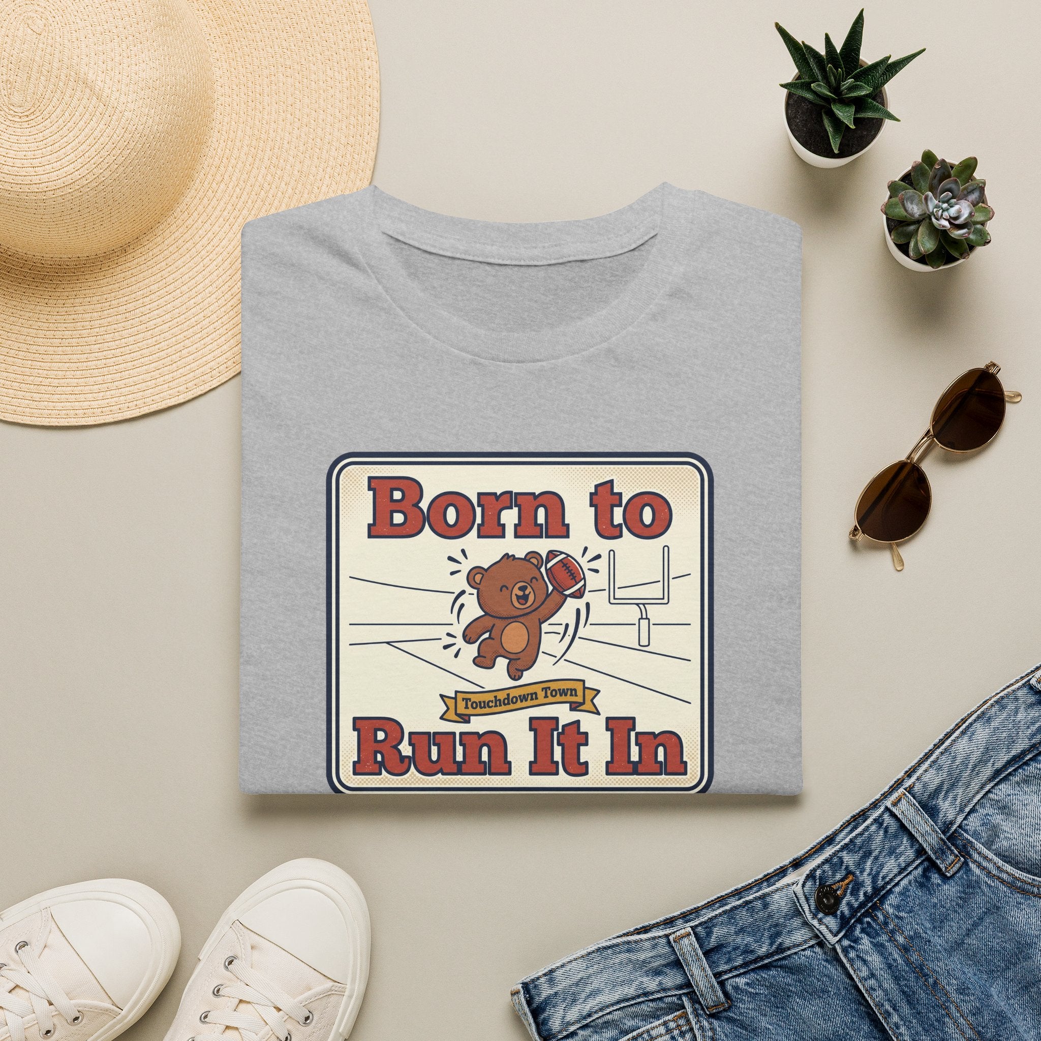 Light gray crewneck T-shirt with “Born to Run It In” sports bear graphic