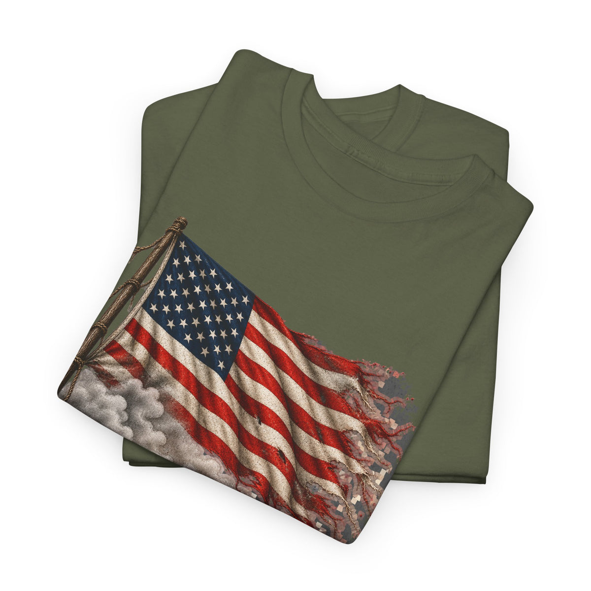 Dark green crewneck t-shirt with weathered American flag graphic on front.
