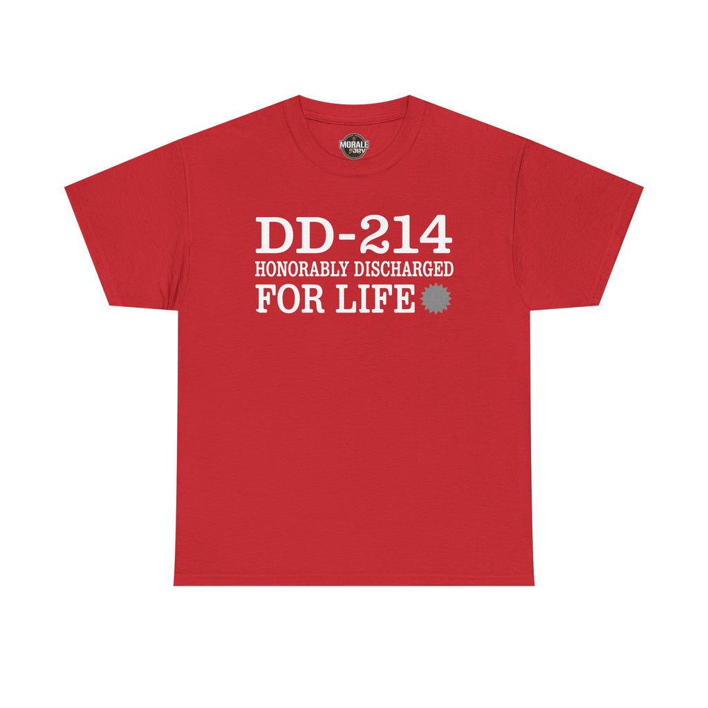 Red T-shirt with "DD-214 HONORABLY DISCHARGED FOR LIFE" chest print