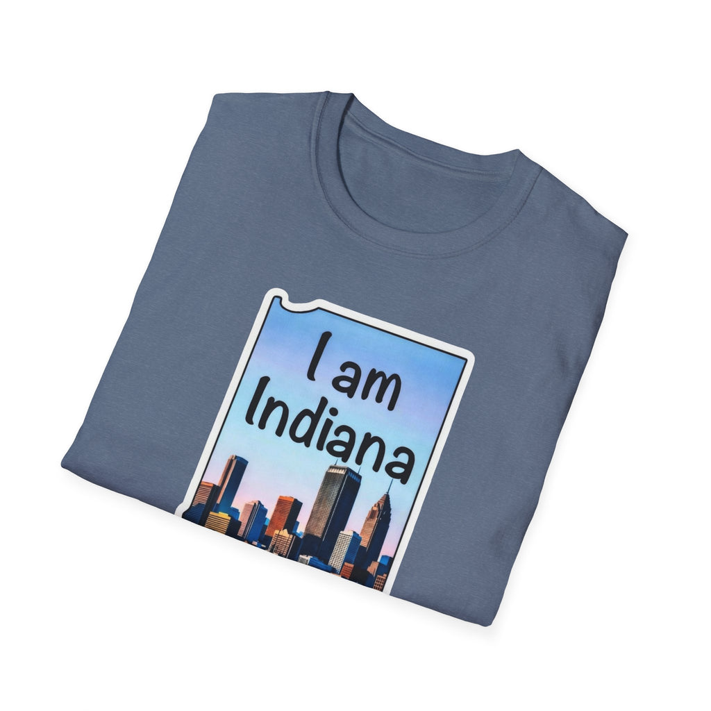 I am Indiana T-Shirt, heather blue front with 'I am Indiana' skyline design